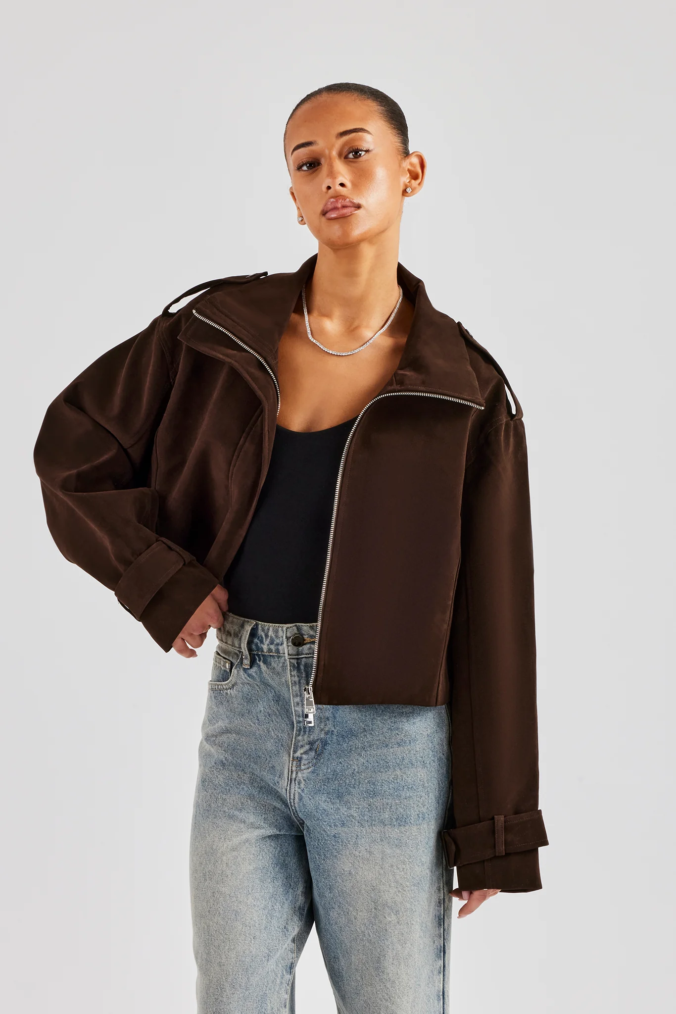 Ladies Faux Suede Cropped Trench Coat - Chocolate - Image 3