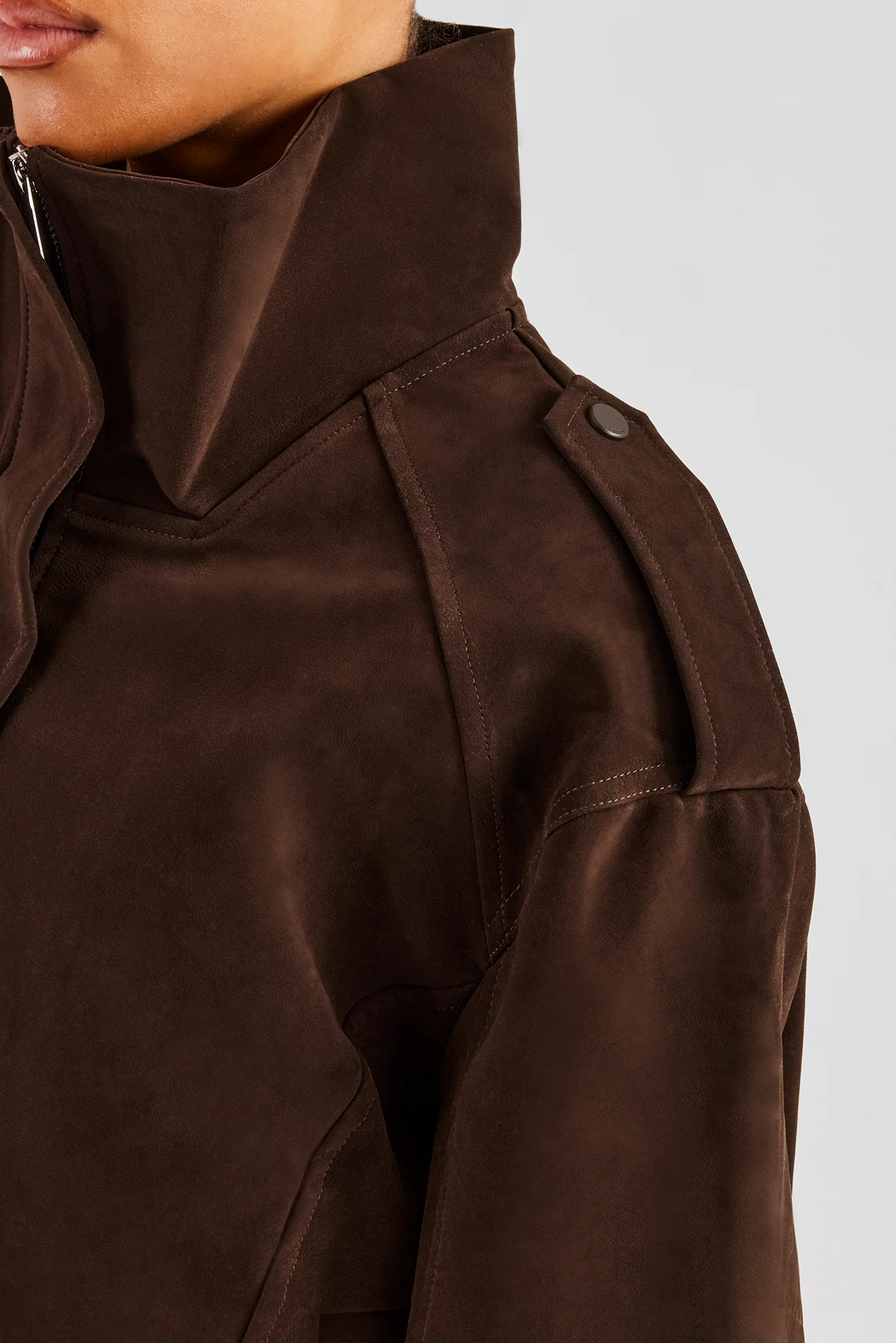 Ladies Faux Suede Cropped Trench Coat - Chocolate - Image 4