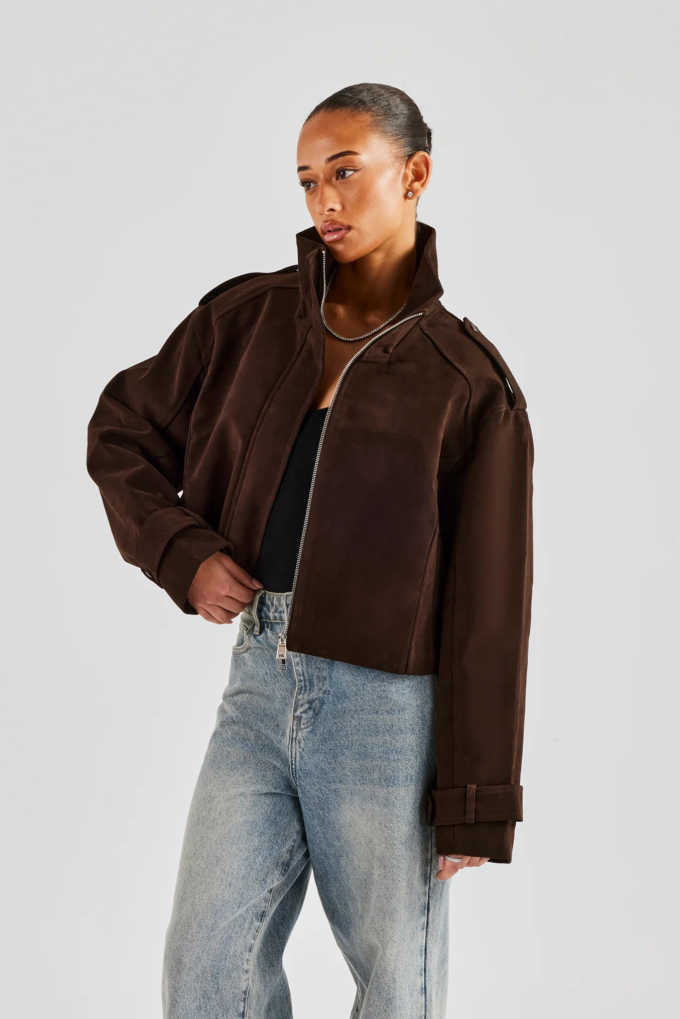 Ladies Faux Suede Cropped Trench Coat - Chocolate - Image 5