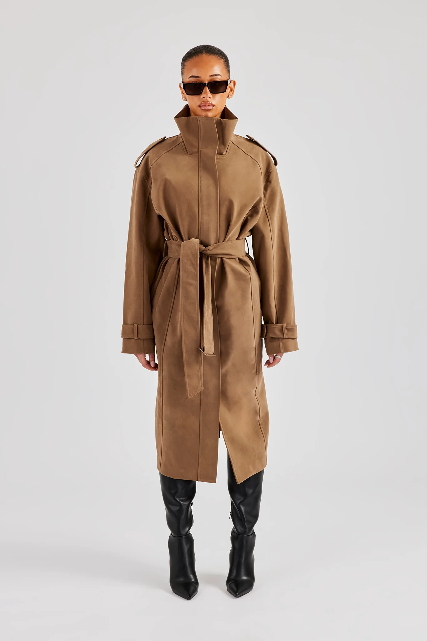 Ladies Faux Suede Trench Coat - Tan - Image 3