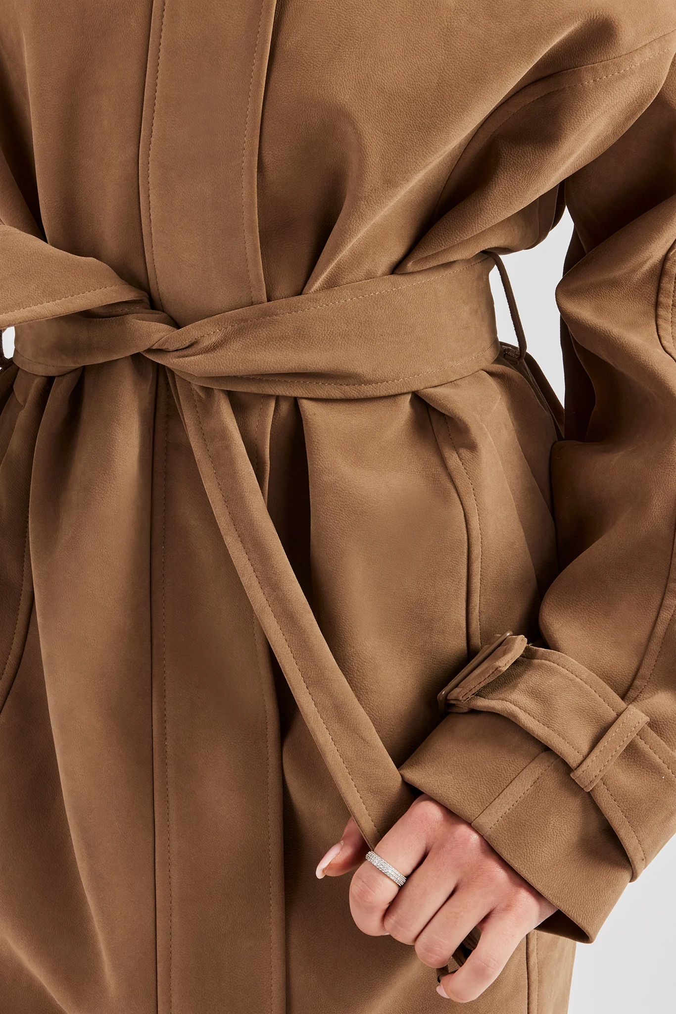 Ladies Faux Suede Trench Coat - Tan - Image 5