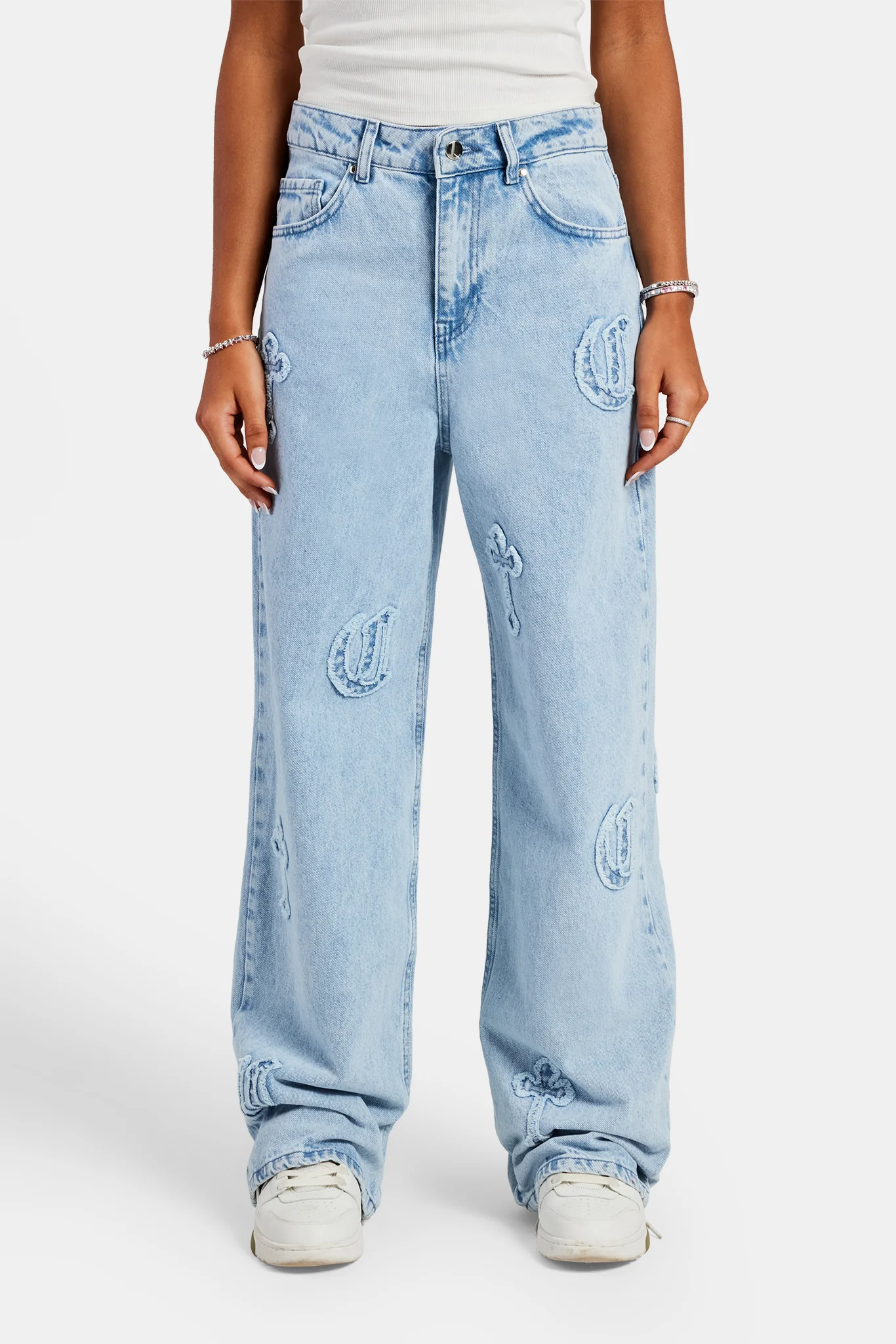 Ladies Raw Edge Applique Cross Baggy Jean - Ice Blue - Image 2