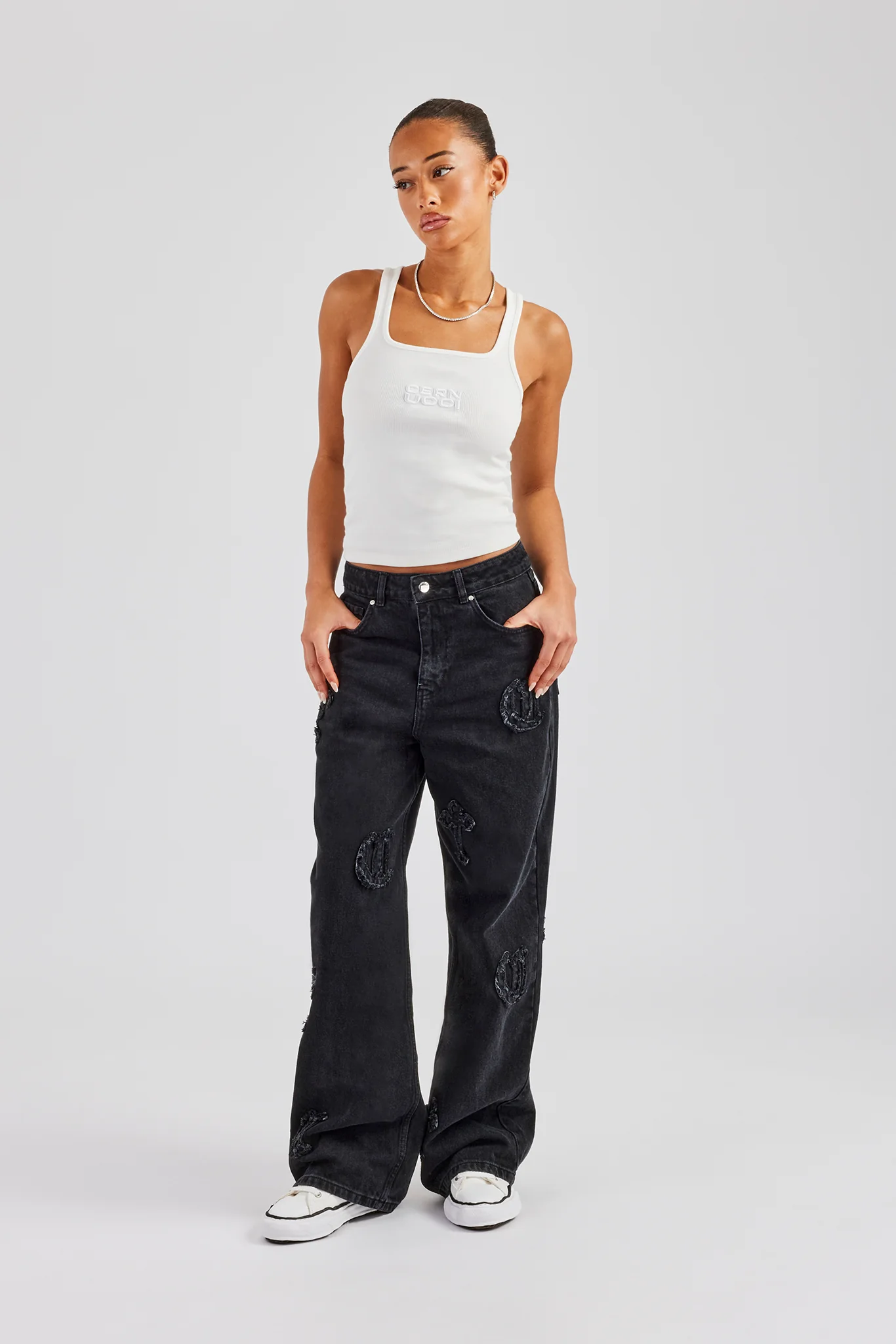 Ladies Raw Edge Applique Cross Baggy Jean - Washed Black - Image 2