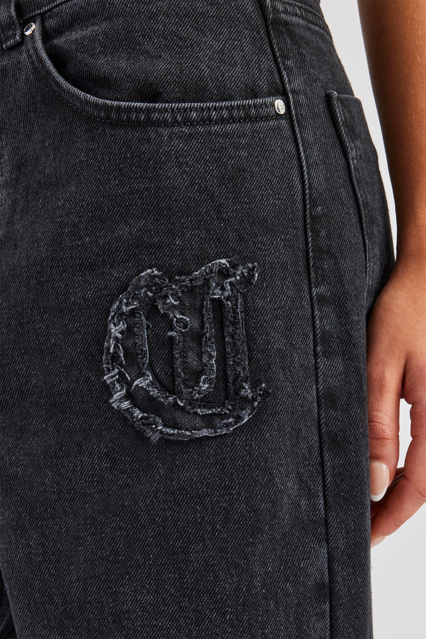 Ladies Raw Edge Applique Cross Baggy Jean - Washed Black - Image 3