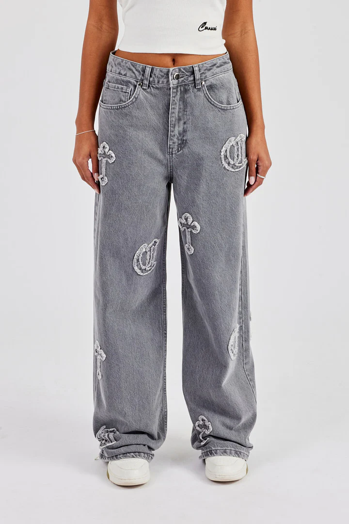 Ladies Raw Edge Applique Cross Baggy Jean - Washed Grey - Image 2