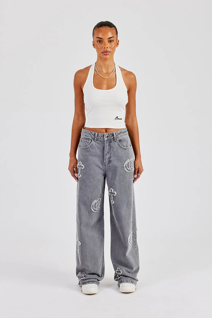 Ladies Raw Edge Applique Cross Baggy Jean - Washed Grey - Image 5