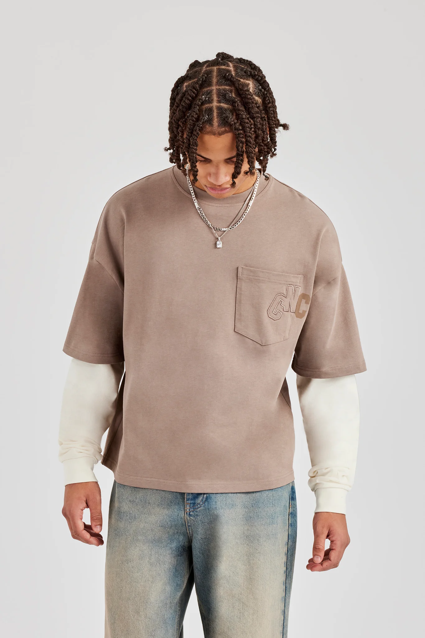 Layered Applique Long Sleeve T-Shirt - Washed Taupe - Image 4