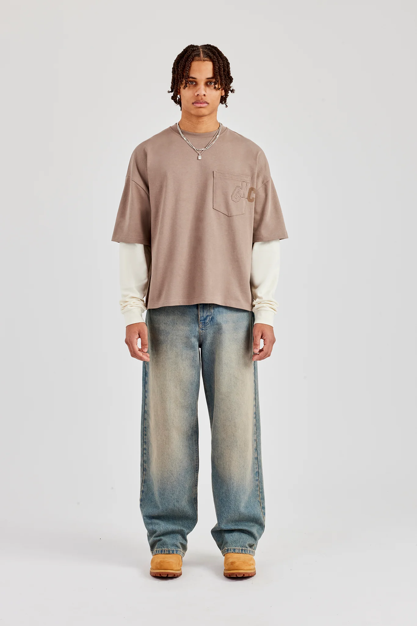 Layered Applique Long Sleeve T-Shirt - Washed Taupe - Image 5