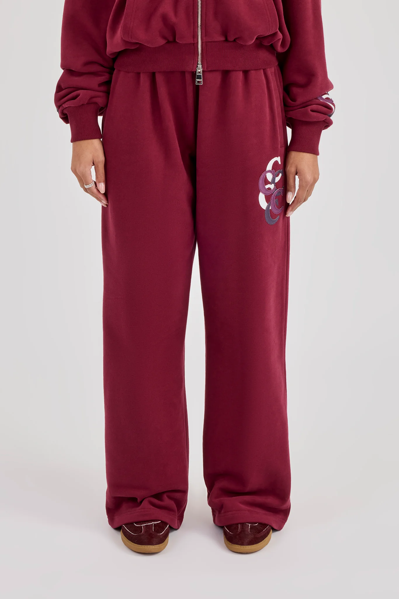 Layered Applique Wide Leg Jogger - Burgundy - Image 2