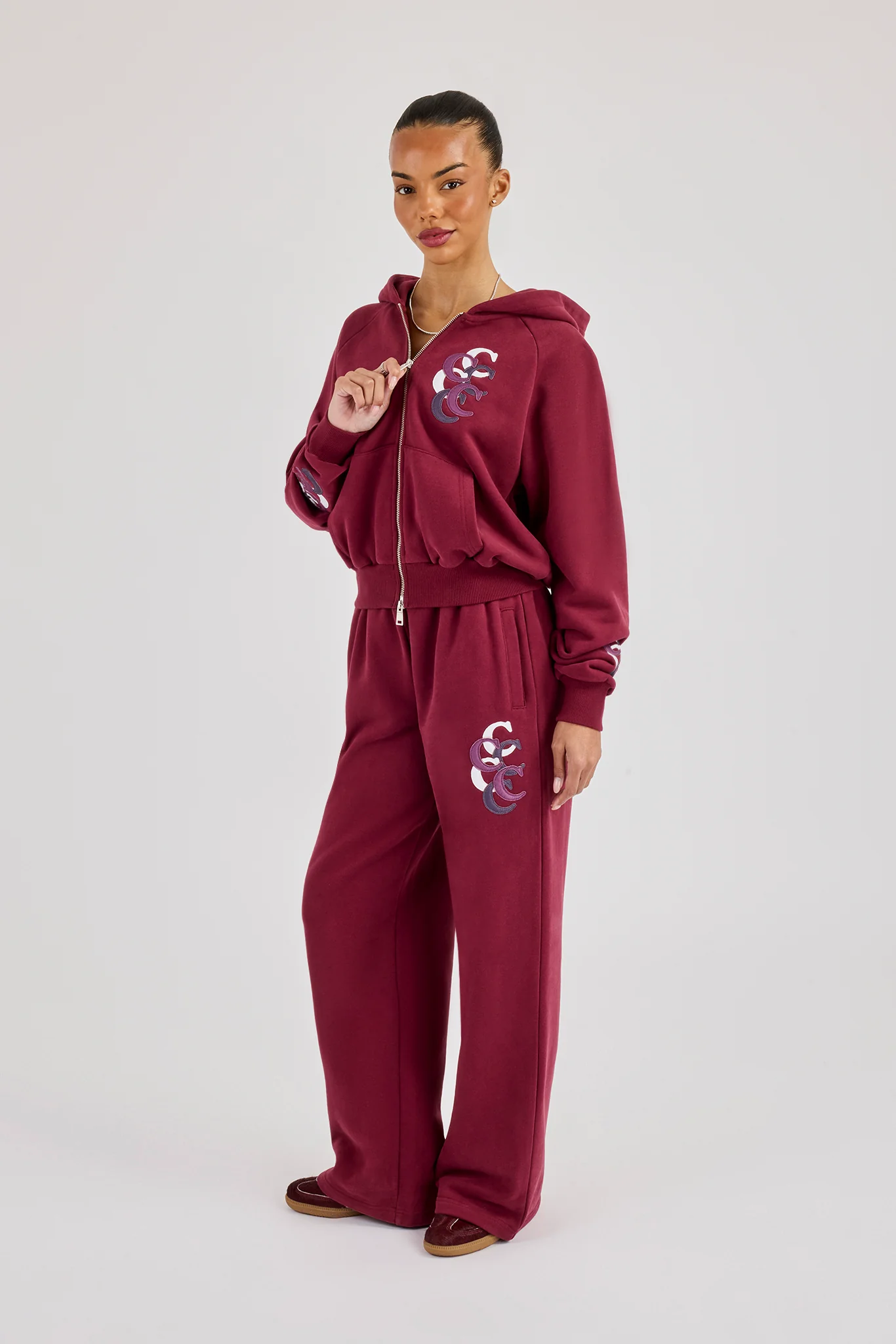 Layered Applique Wide Leg Jogger - Burgundy - Image 4
