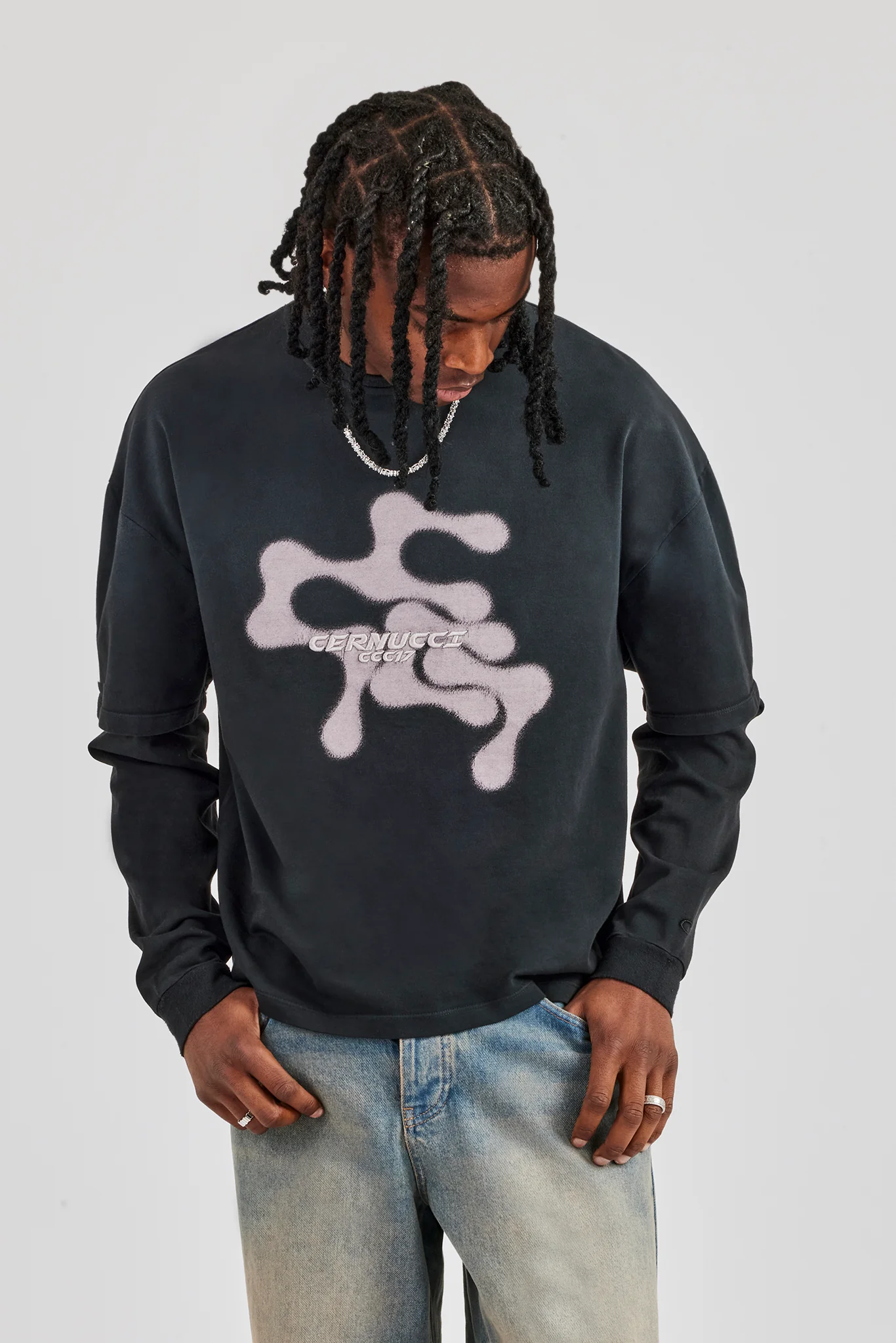 Washed Layered Long Sleeve T-Shirt - Black - Image 4