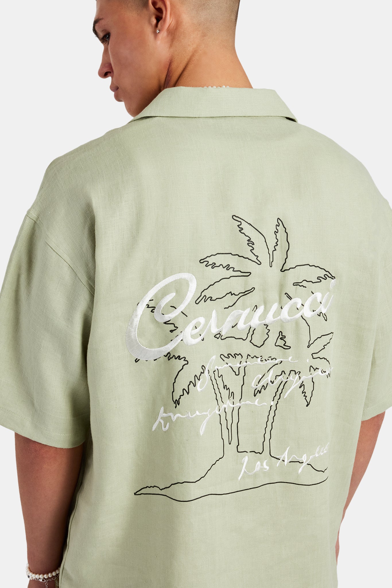 Linen Embroidered Shirt - Sage - Image 3
