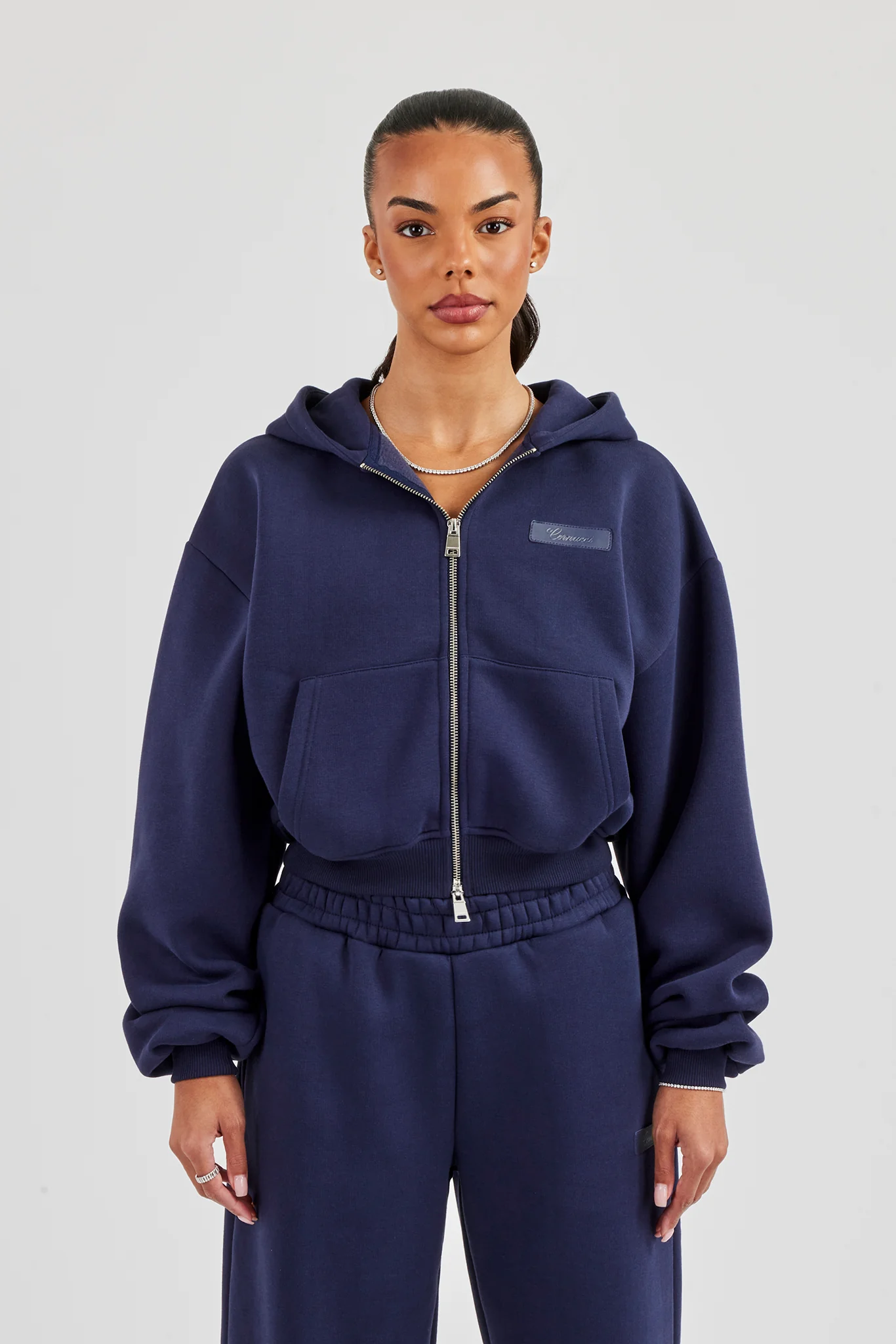 Logo Tab Boxy Zip Hoodie - Navy Blue - Image 5