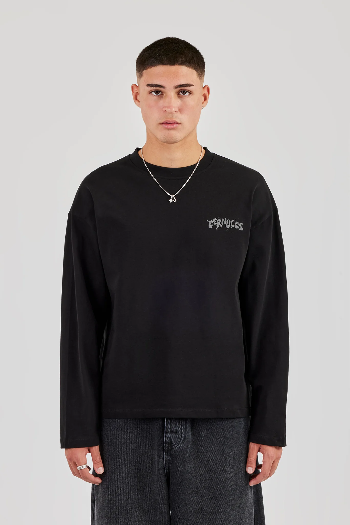 Long Sleeve Back Puff Print T-Shirt - Black - Image 2