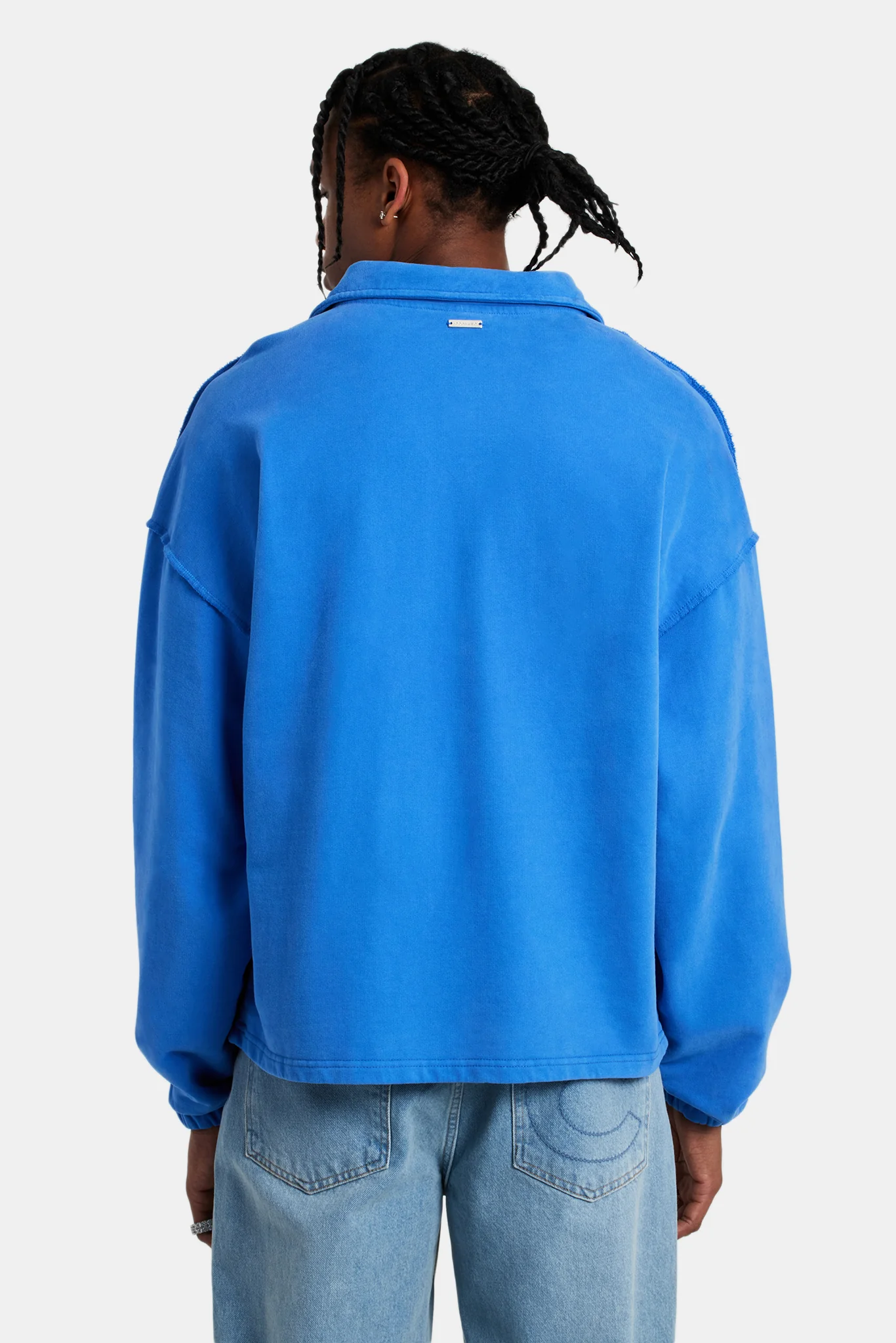 Long Sleeve Exposed Seam Collared Sweatshirt - Washed Cobalt - Image 2