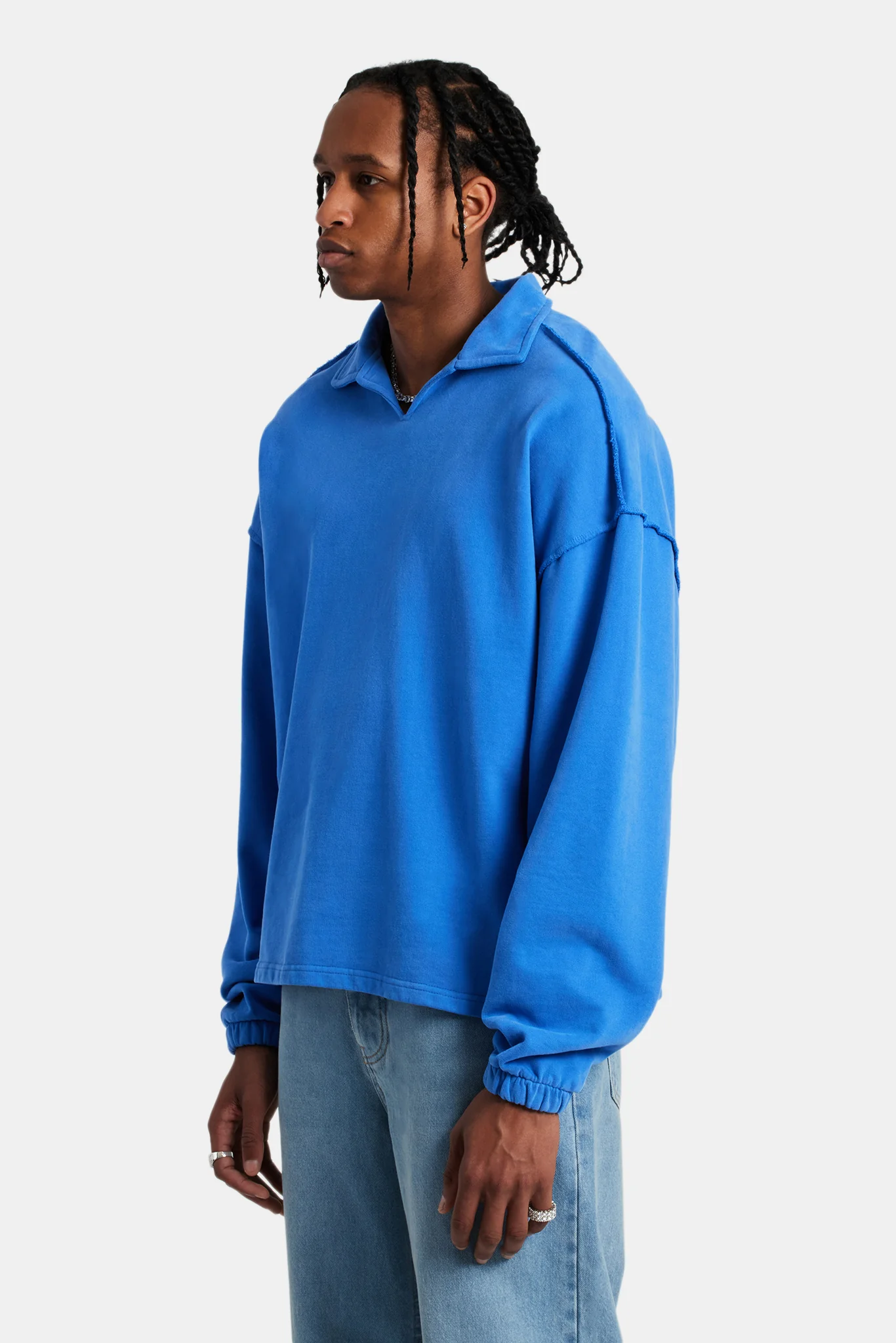 Long Sleeve Exposed Seam Collared Sweatshirt - Washed Cobalt - Image 3
