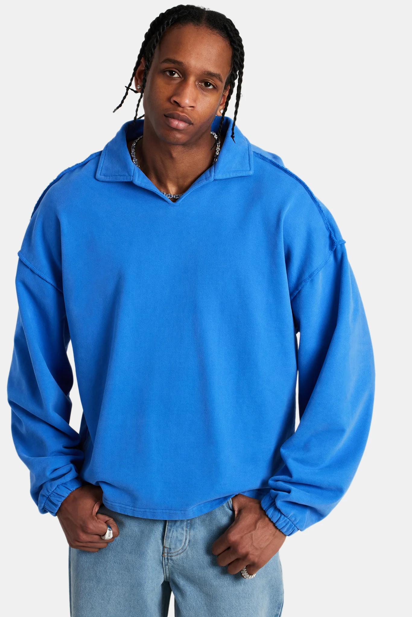 Long Sleeve Exposed Seam Collared Sweatshirt - Washed Cobalt - Image 5