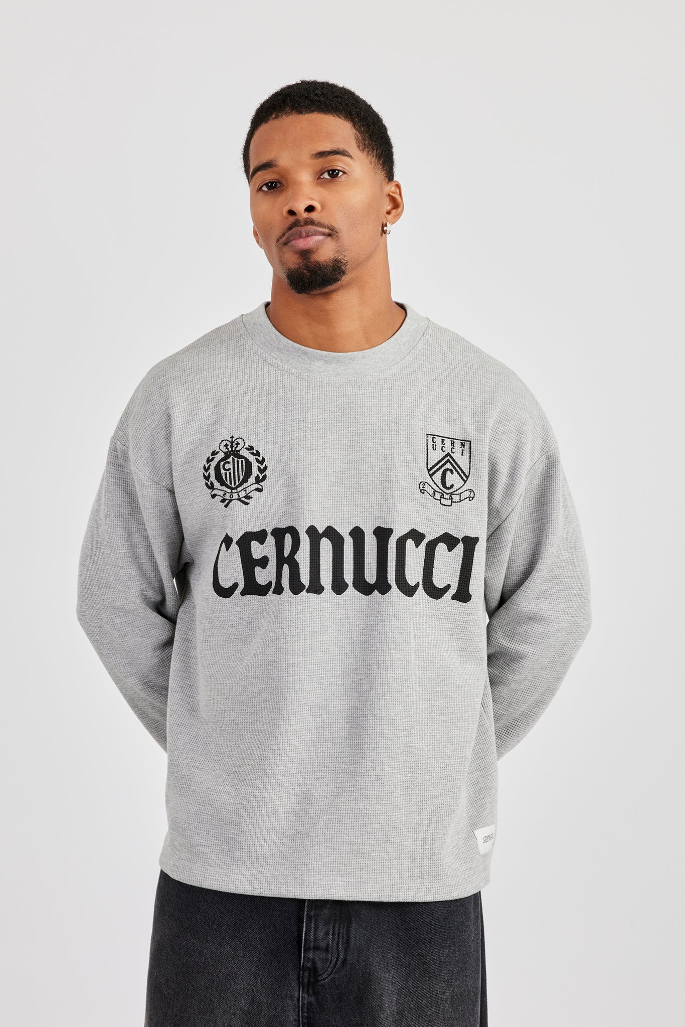 Long Sleeve Waffle Print T-Shirt - Grey - Image 3