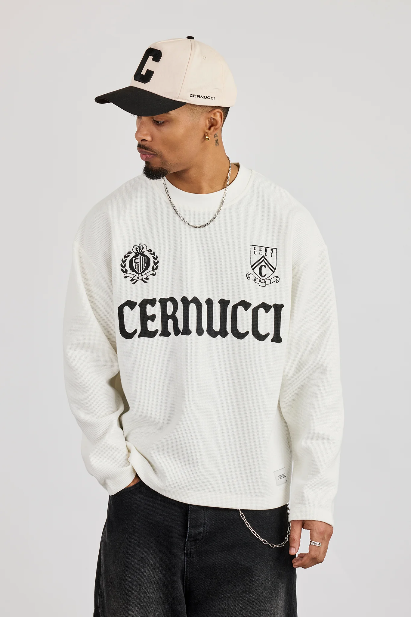 Long Sleeve Waffle Print T-Shirt - Off White