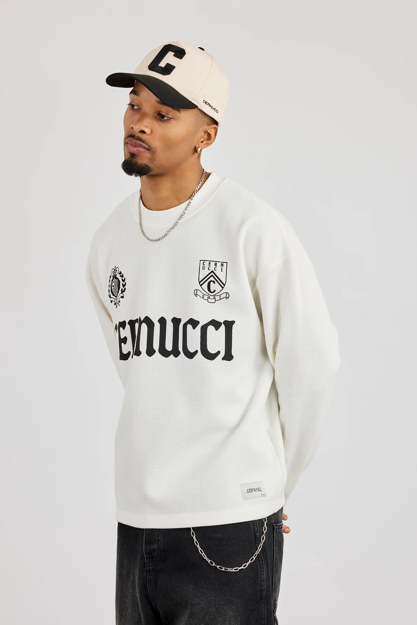 Long Sleeve Waffle Print T-Shirt - Off White - Image 2