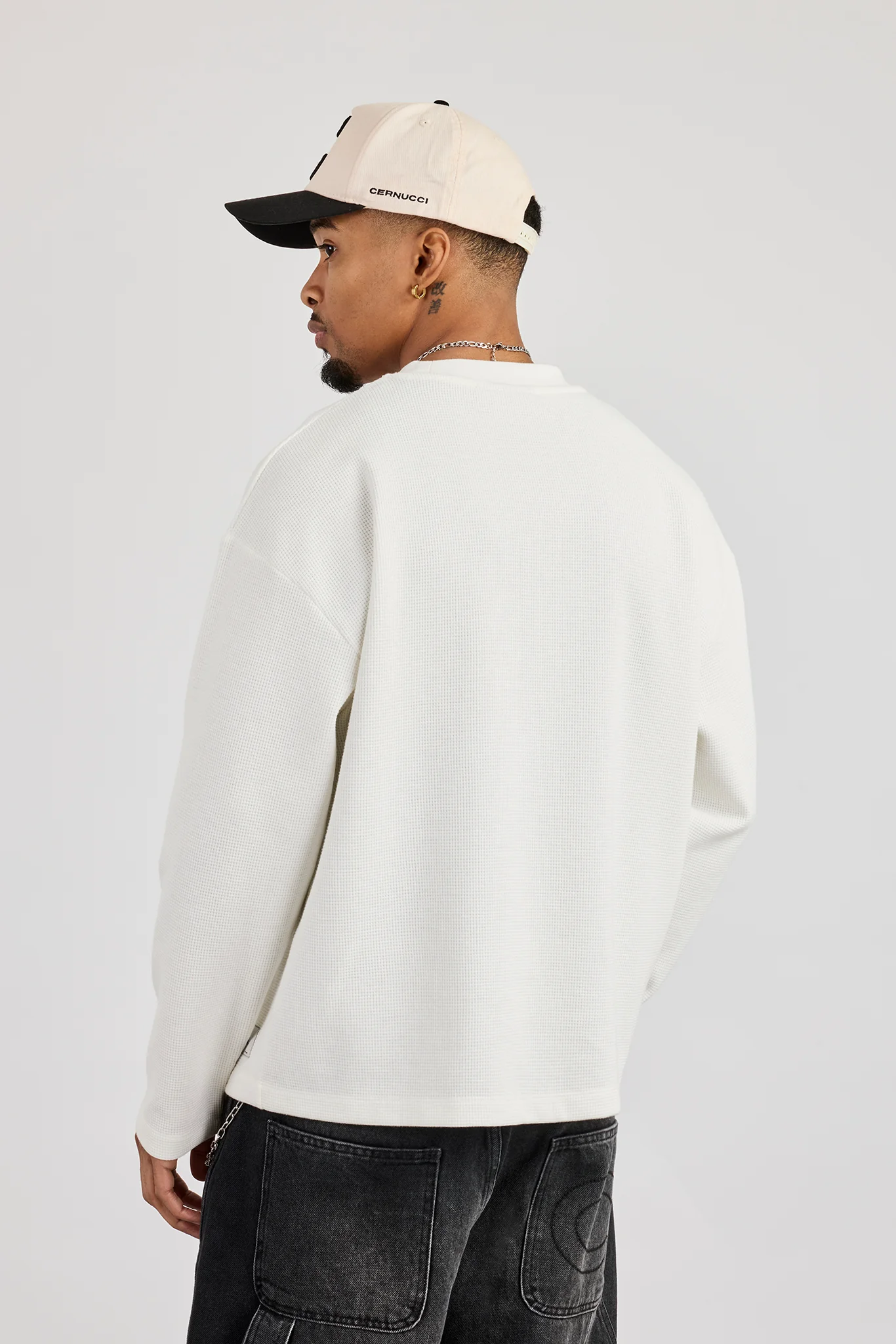 Long Sleeve Waffle Print T-Shirt - Off White - Image 3
