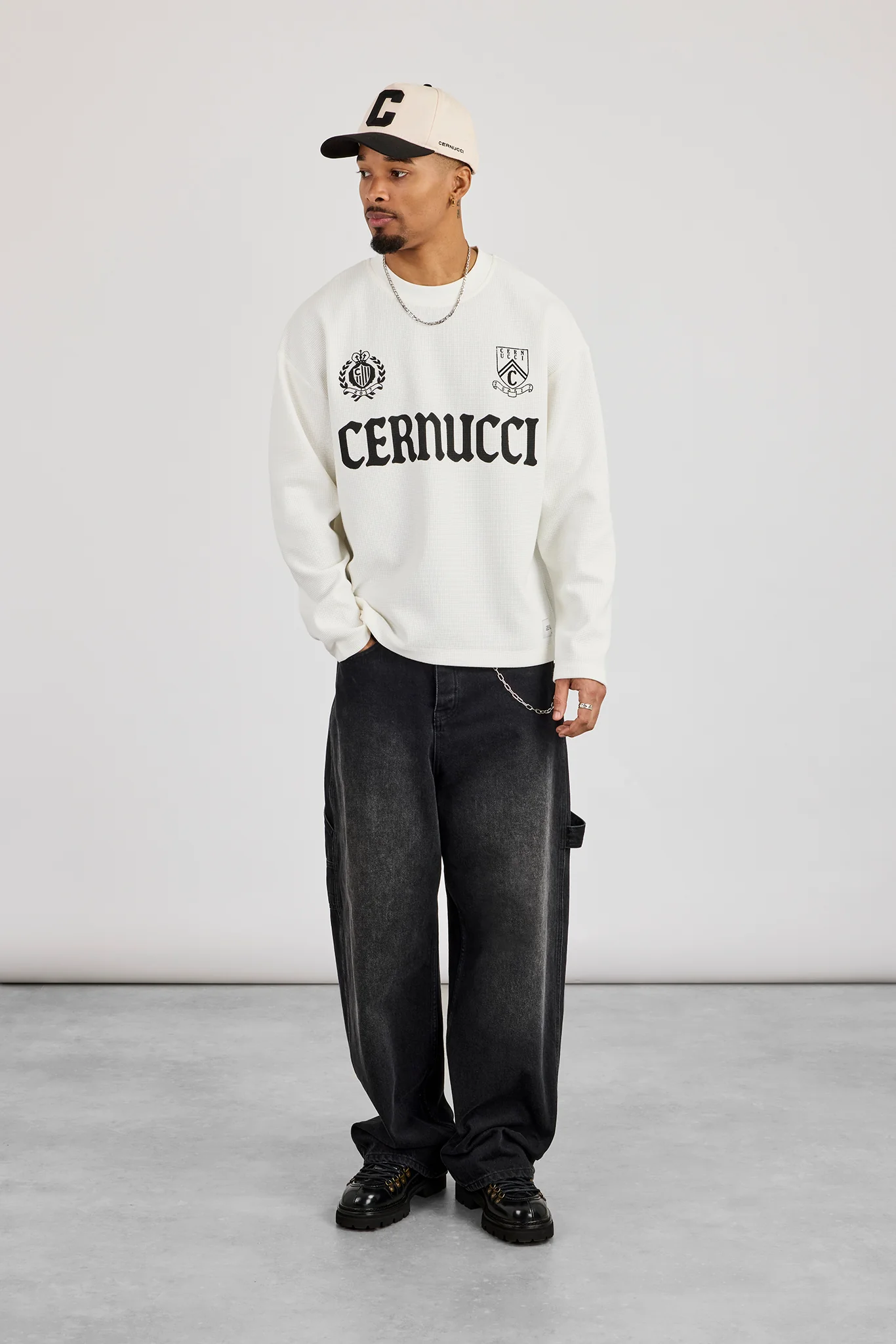 Long Sleeve Waffle Print T-Shirt - Off White - Image 4