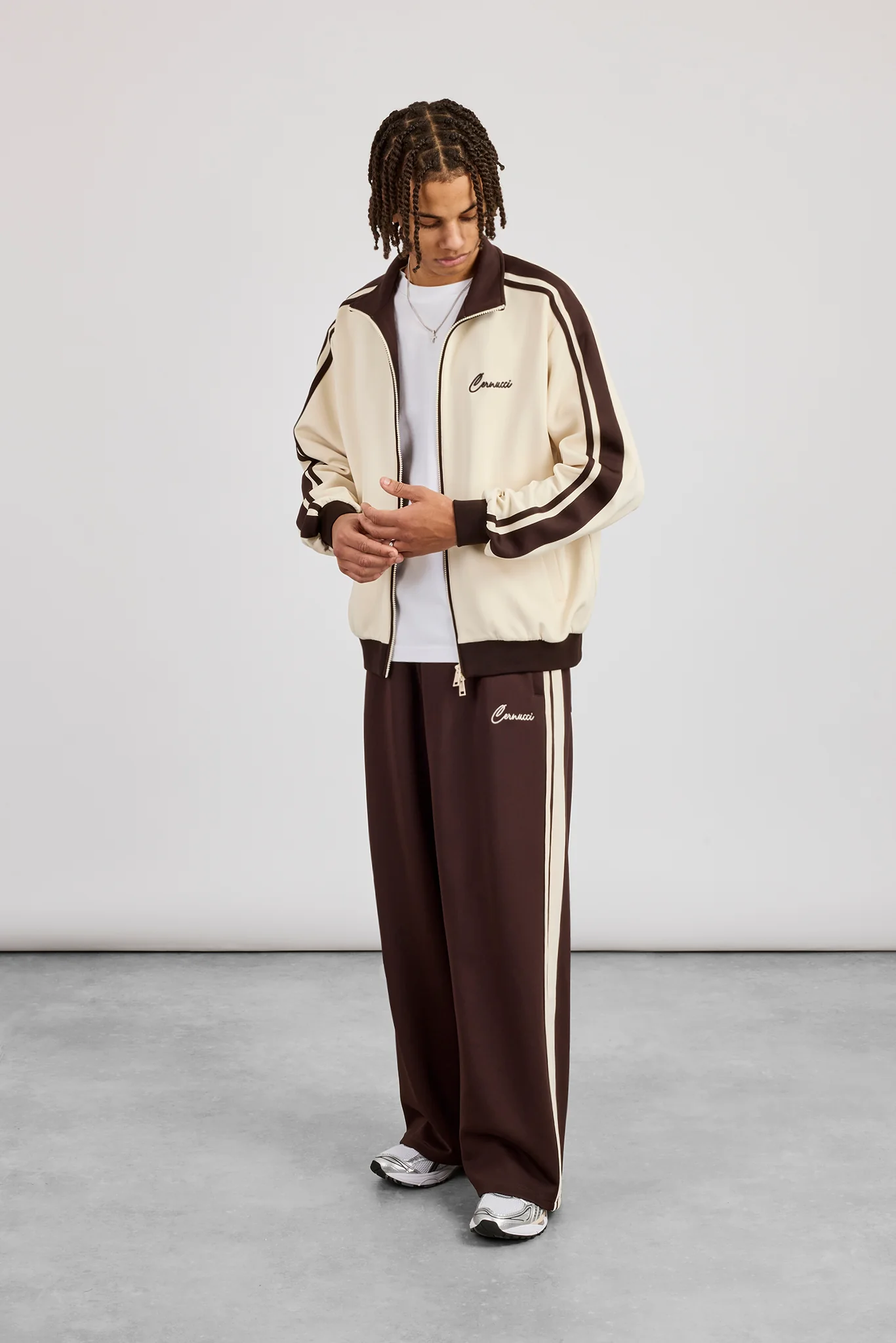 Men's Contrast Detail Track Top & Baggy Track Pant - Off White / Chocolate