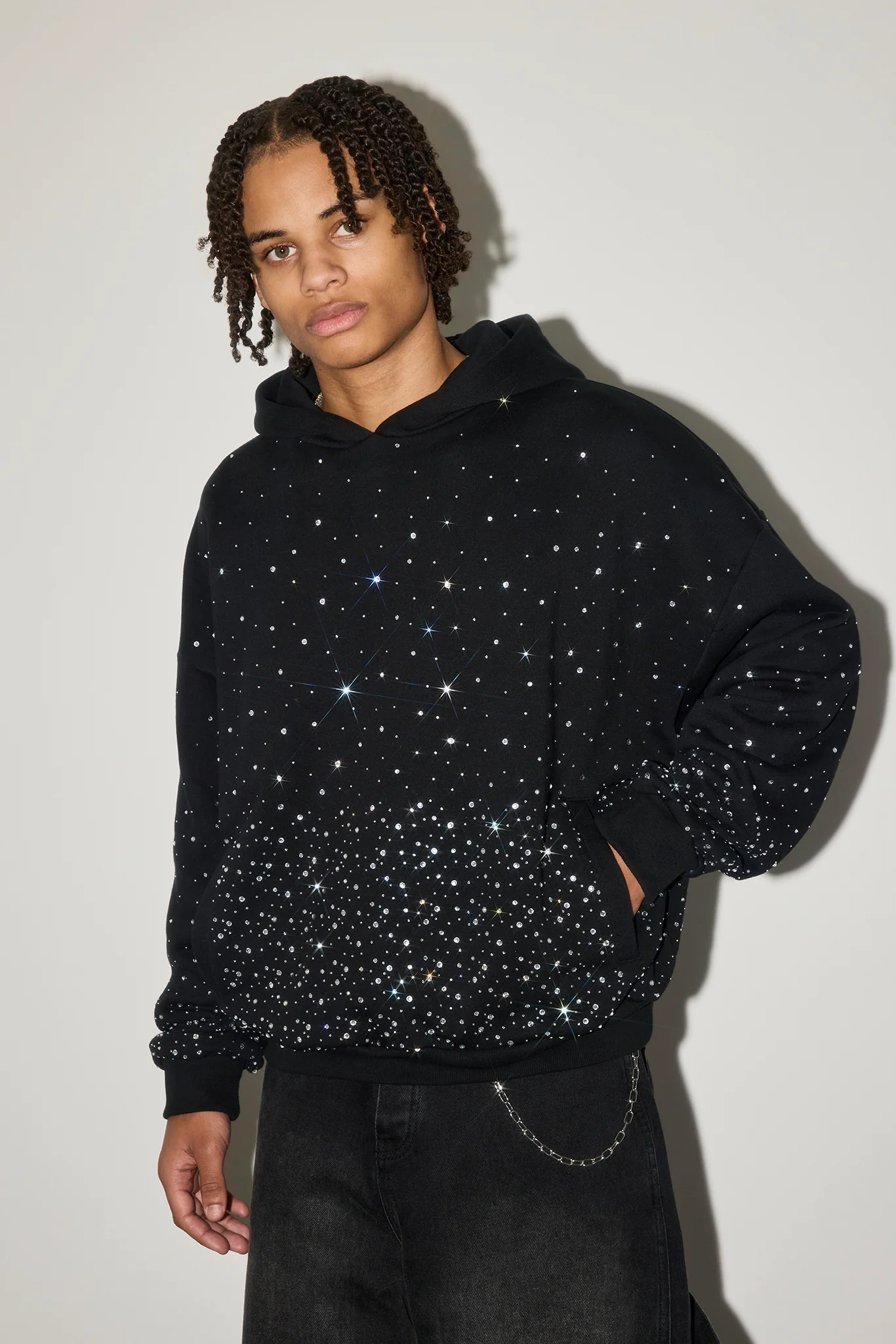 Mens Boxy Rhinestone Hoodie - Black - Image 3