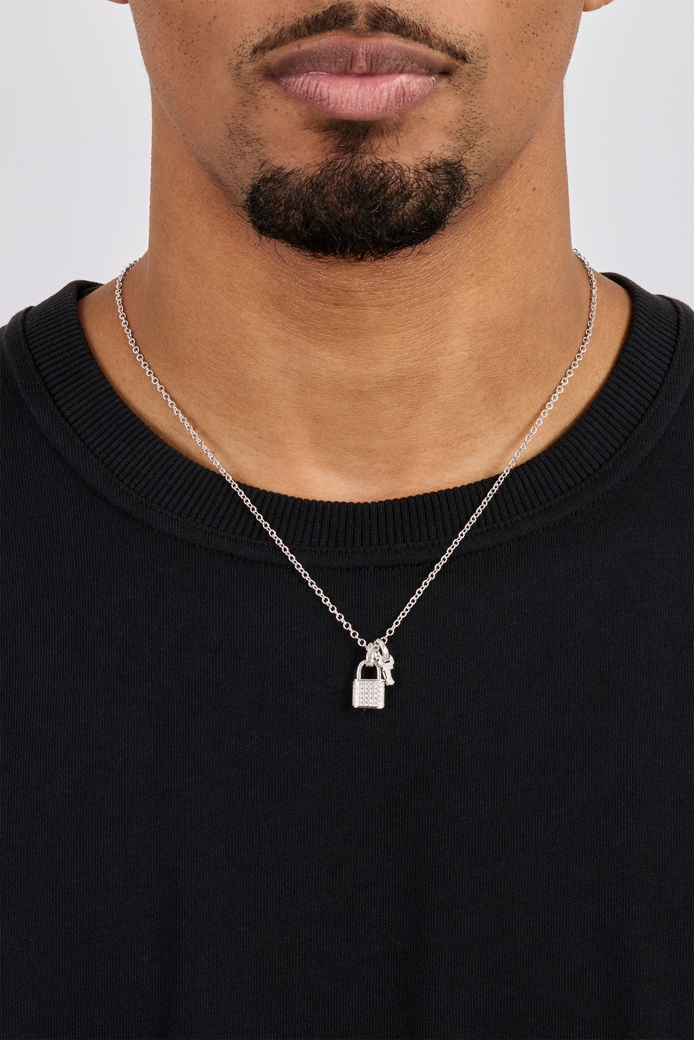 Mens Iced Padlock & Key Necklace - 15mm - White - Image 2