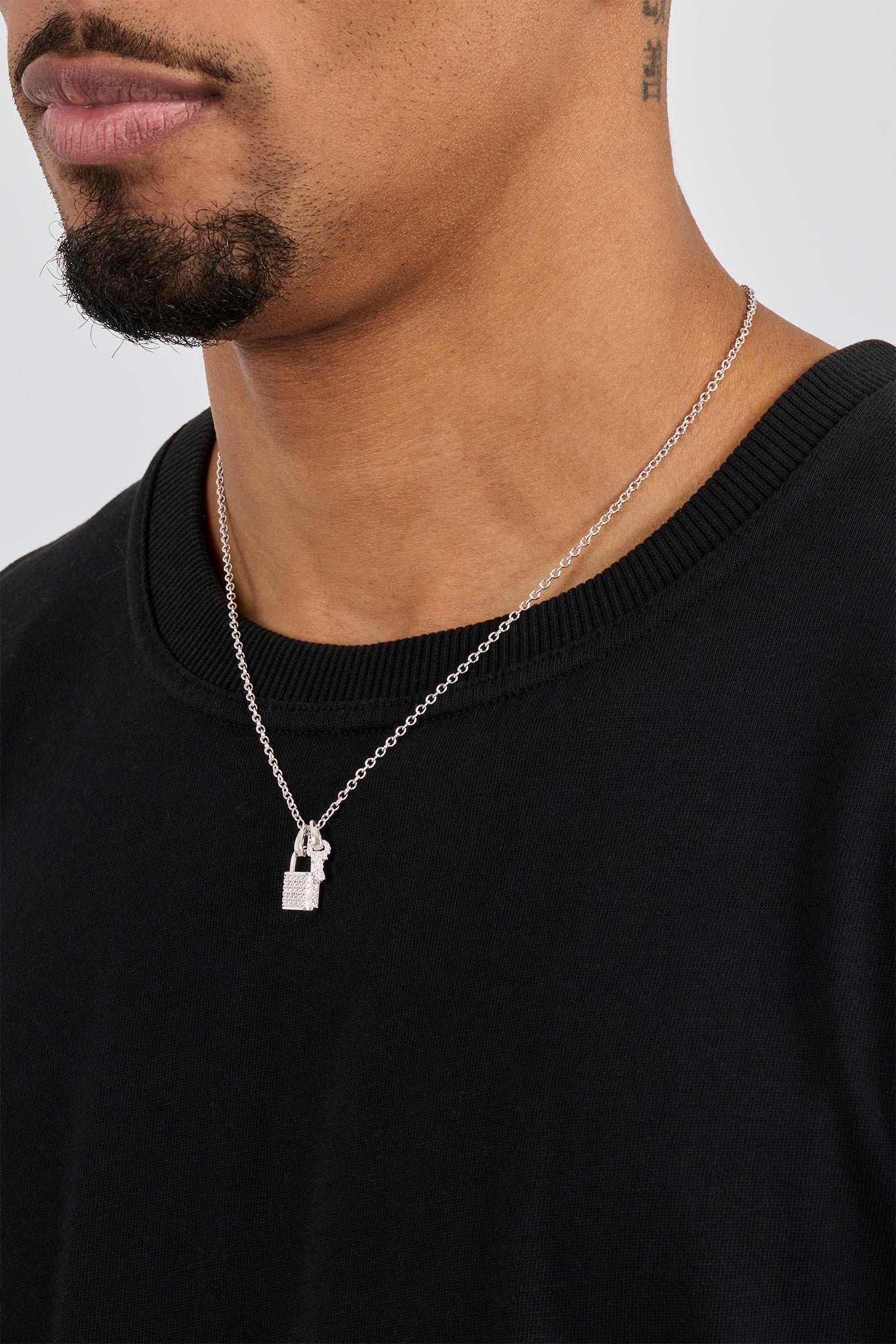 Mens Iced Padlock & Key Necklace - 15mm - White - Image 4