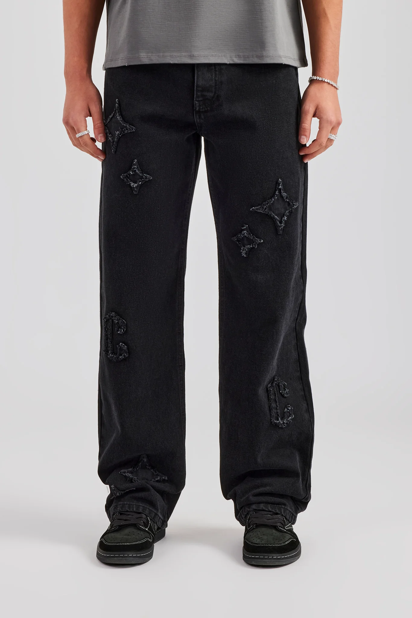 Mens Relaxed Fit Applique Denim Jean - Washed Black - Image 3