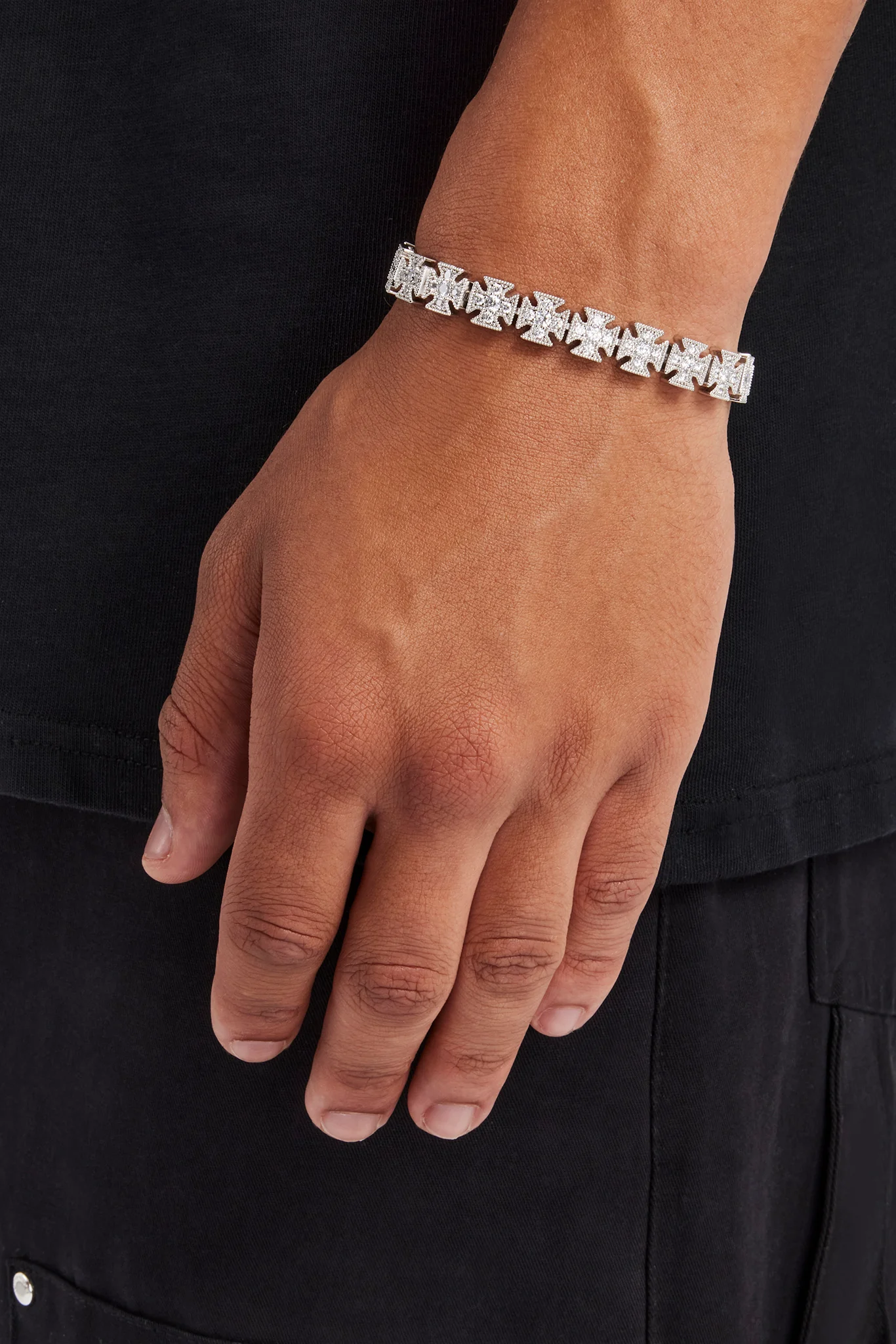 Mens Repeated Iced Cross Motif Bracelet - 10mm - Image 2