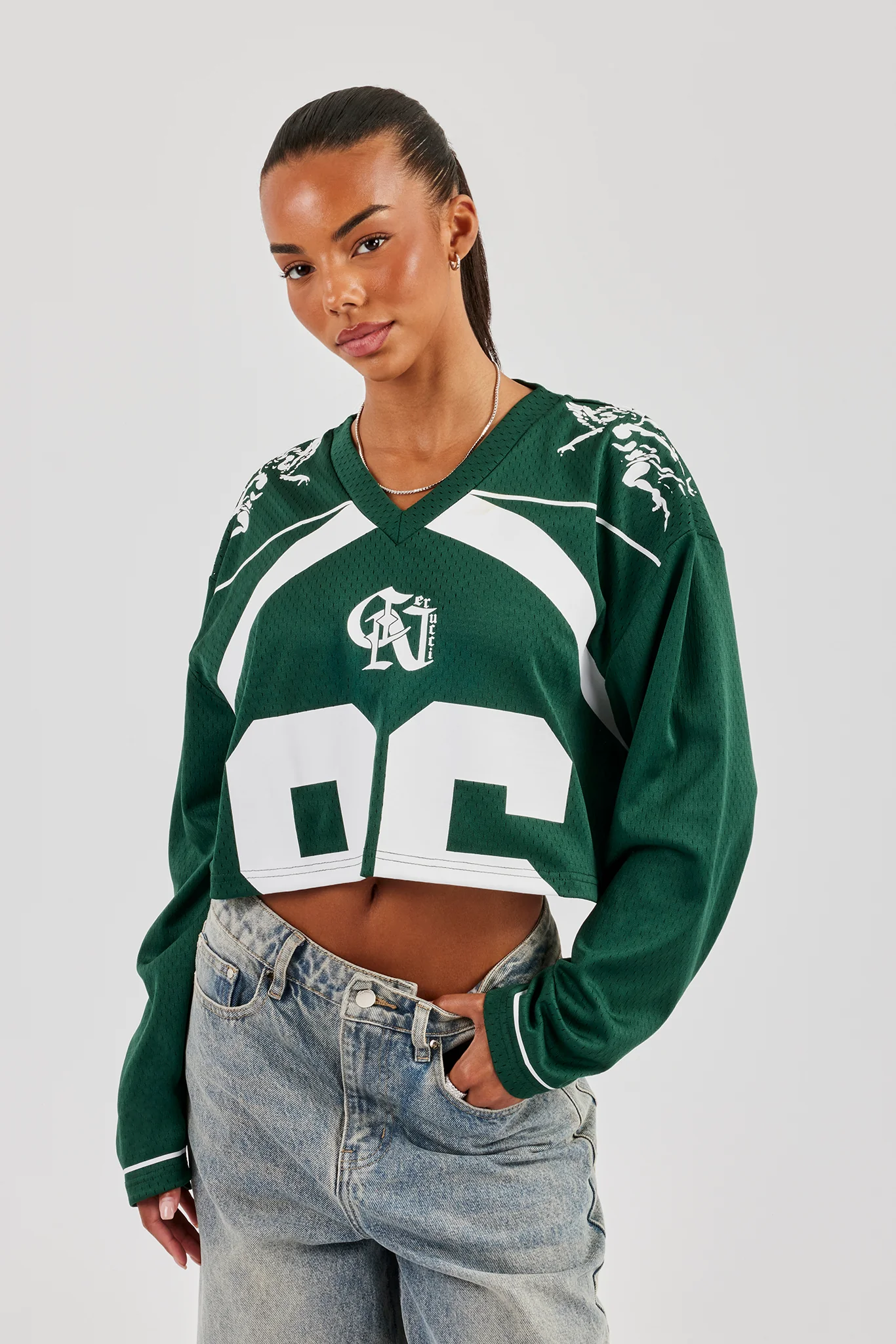 Mesh Cropped 86 Long Sleeve Top - Forest Green