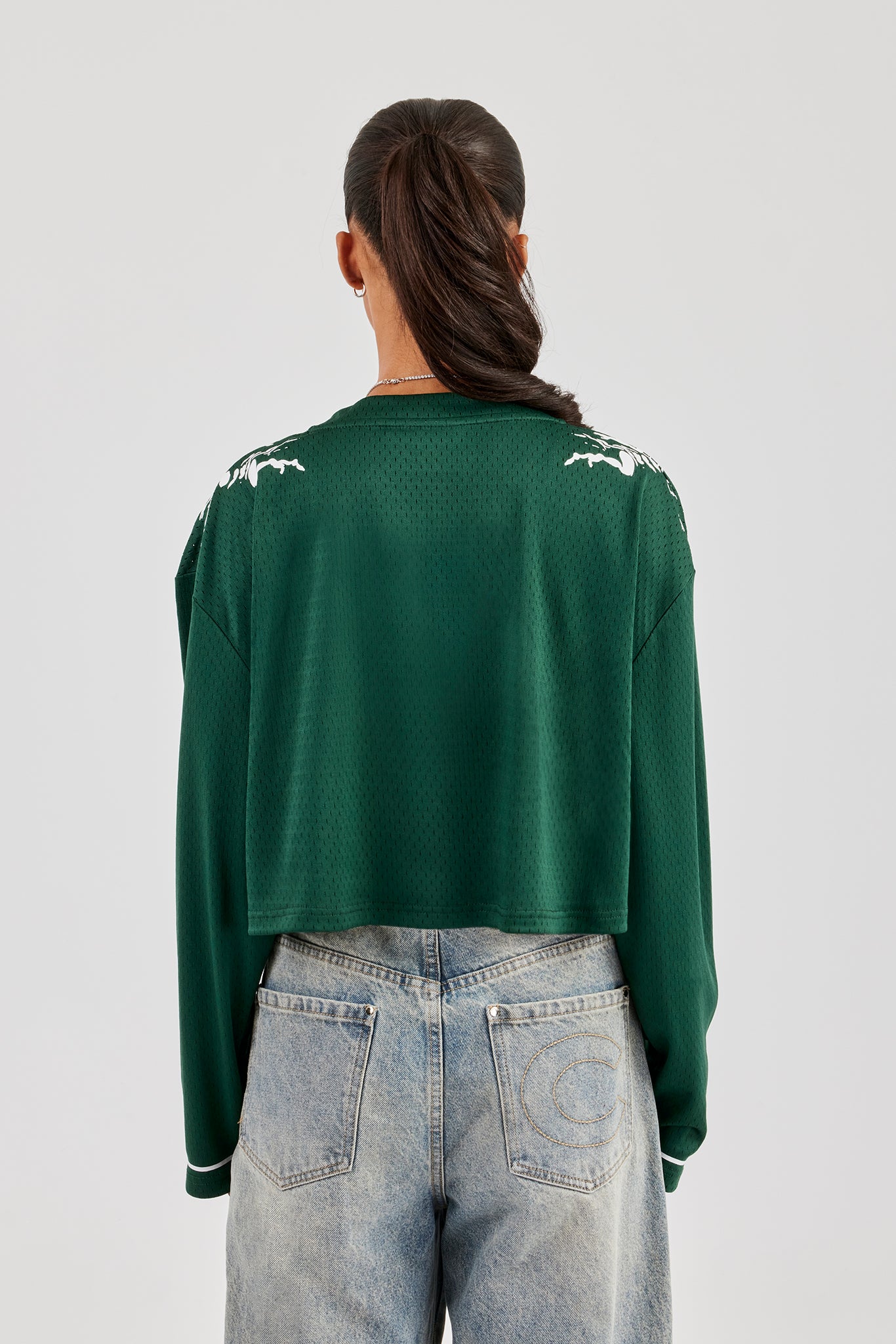 Mesh Cropped 86 Long Sleeve Top - Forest Green - Image 3