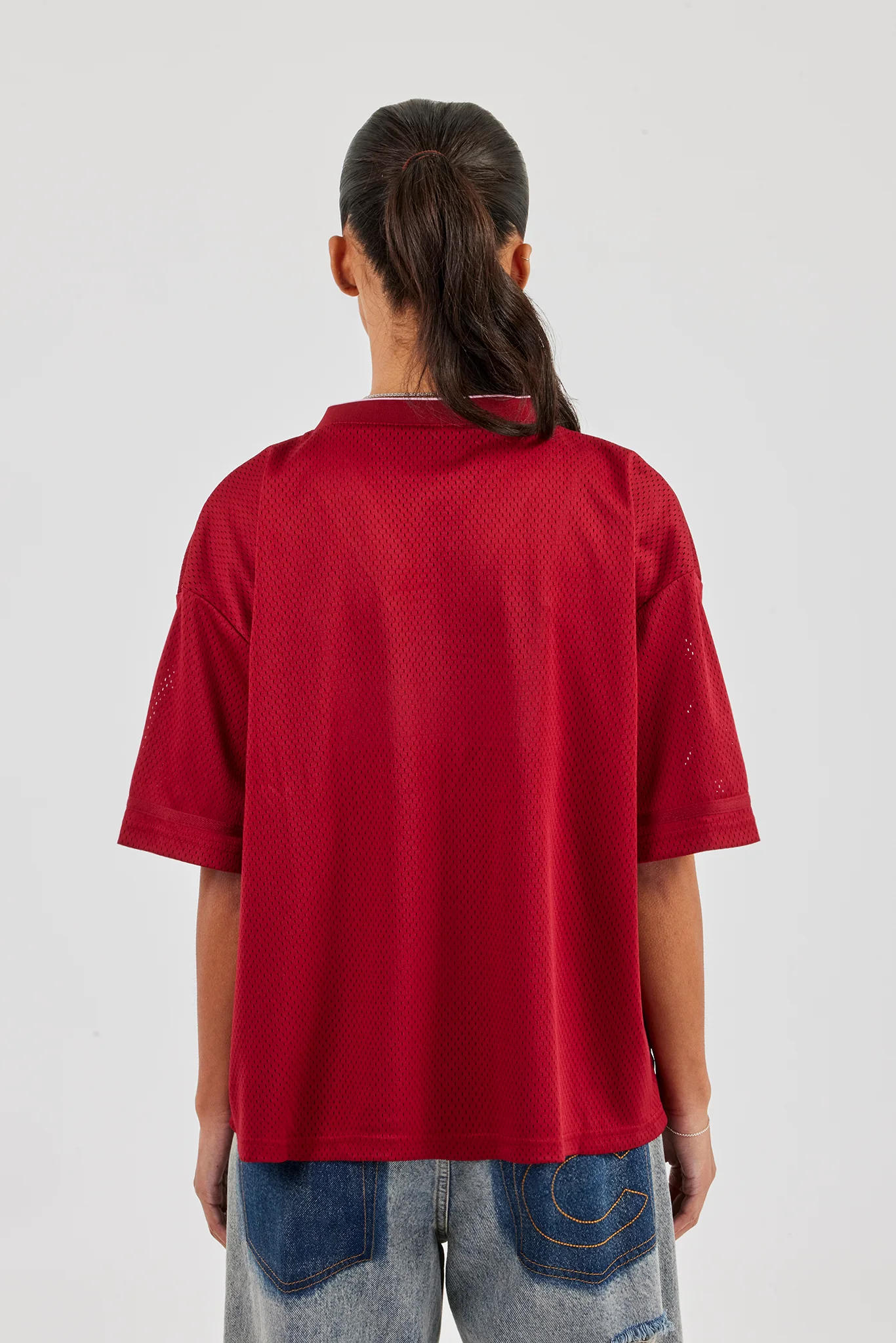 Mesh Woven Tab Football Top - Berry - Image 2