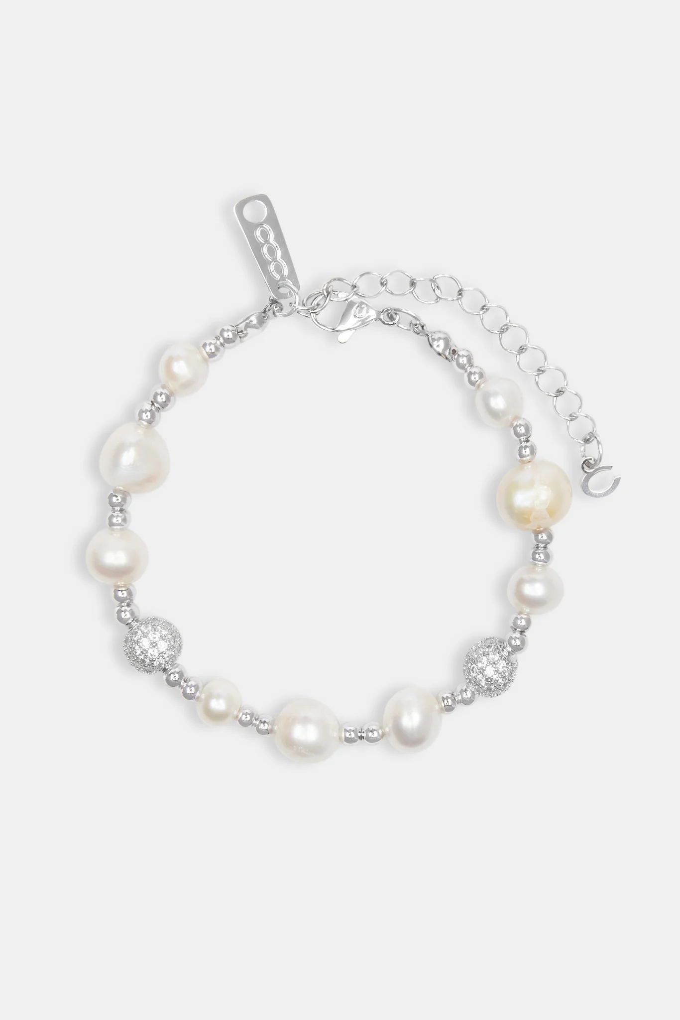 Metallic Freshwater Pearl Ice Ball Bead Bracelet - White - Image 2