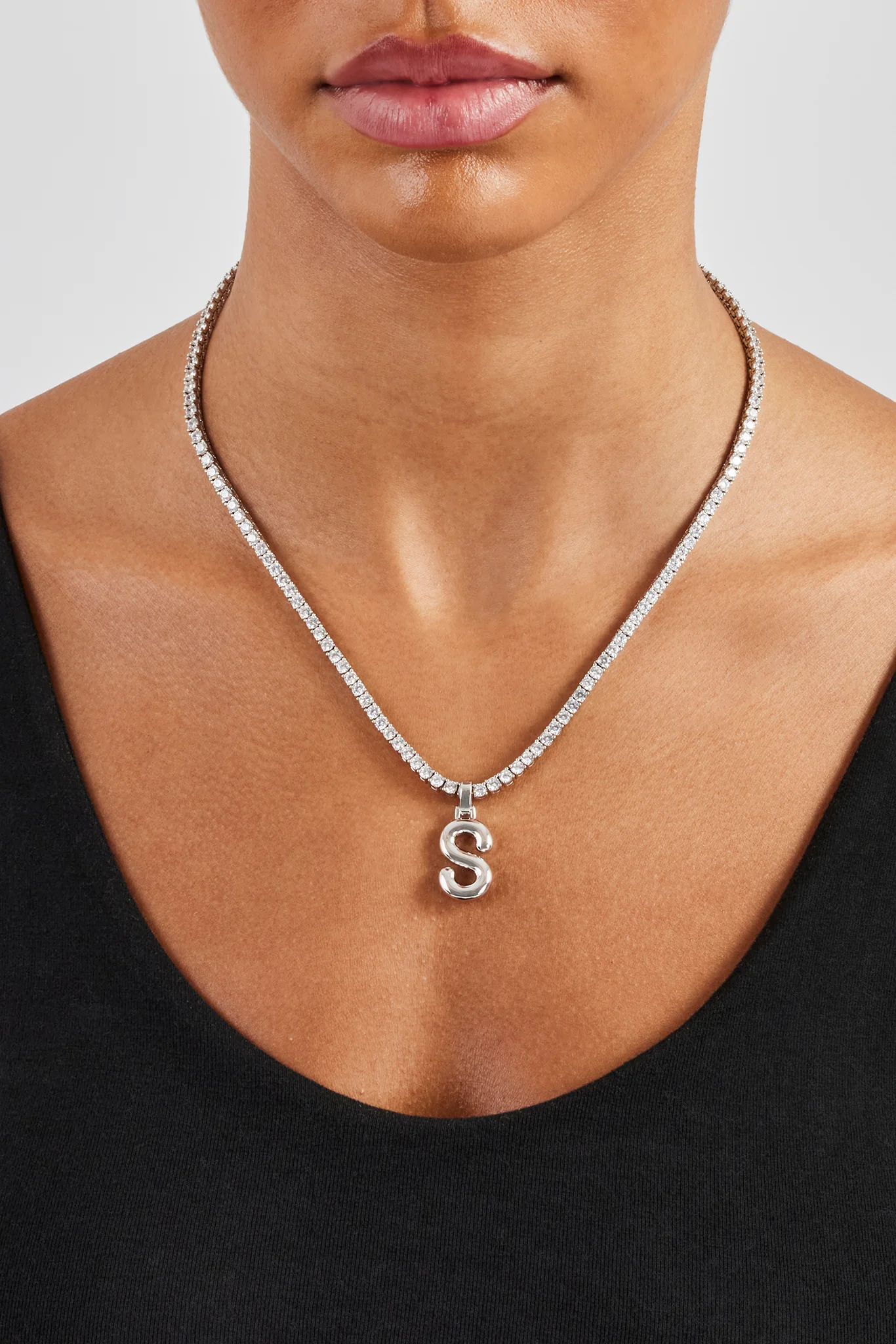 Mini Polished Balloon Letter Pendant & 3mm Tennis Chain - White - Image 12