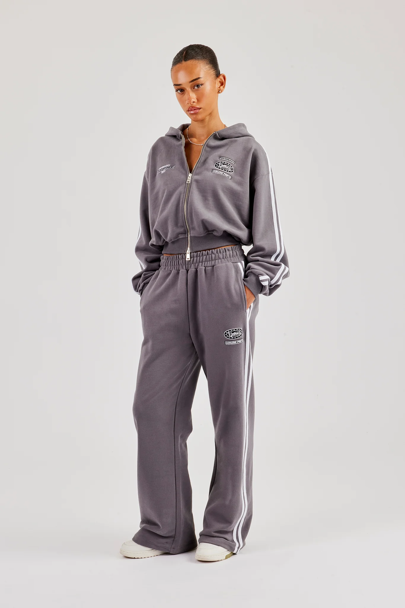 Moto Boxy Zip Through Hoodie & Wide Leg Jogger - Washed Charcoal - Image 4