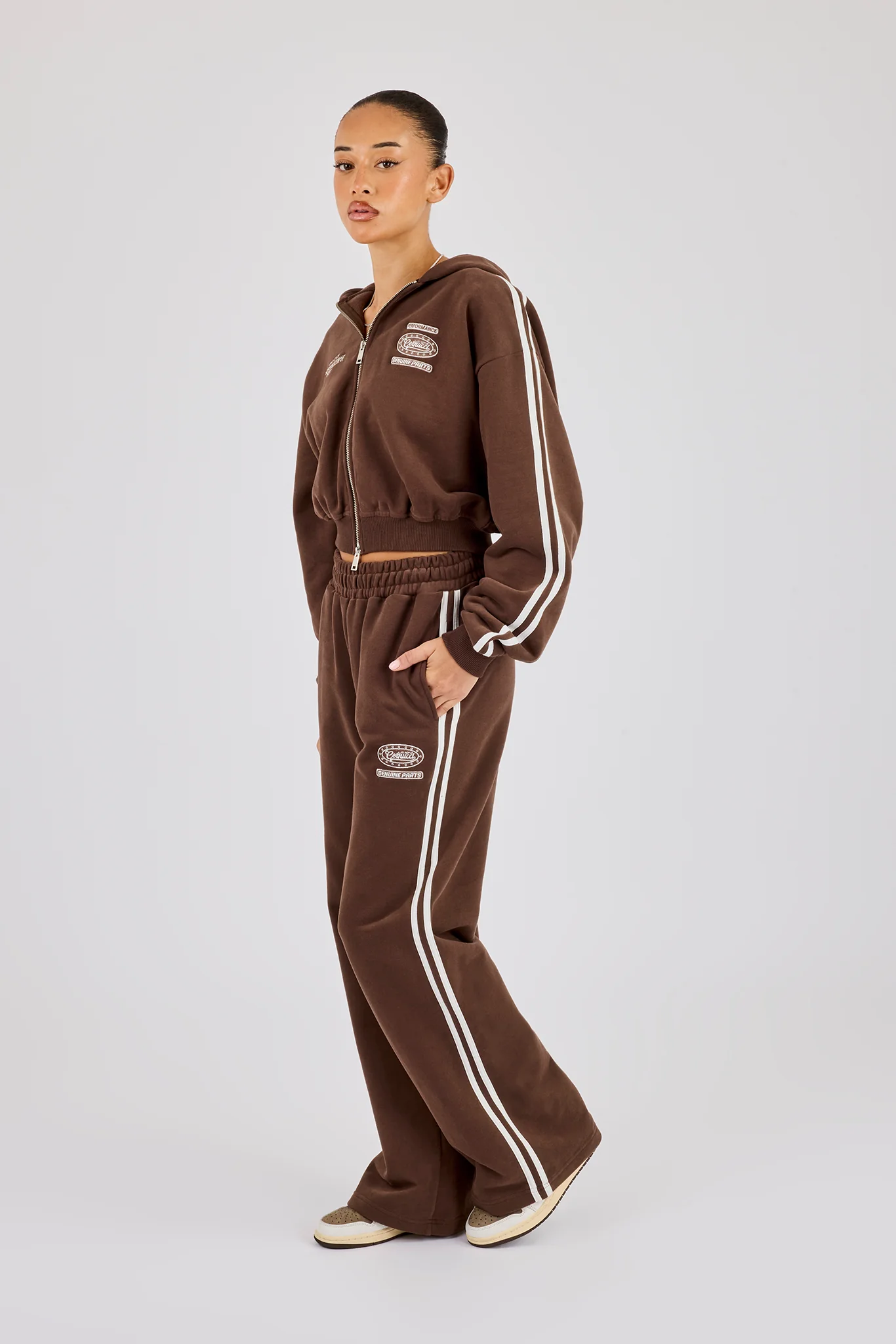 Moto Boxy Zip Through Hoodie & Wide Leg Jogger - Washed Chocolate