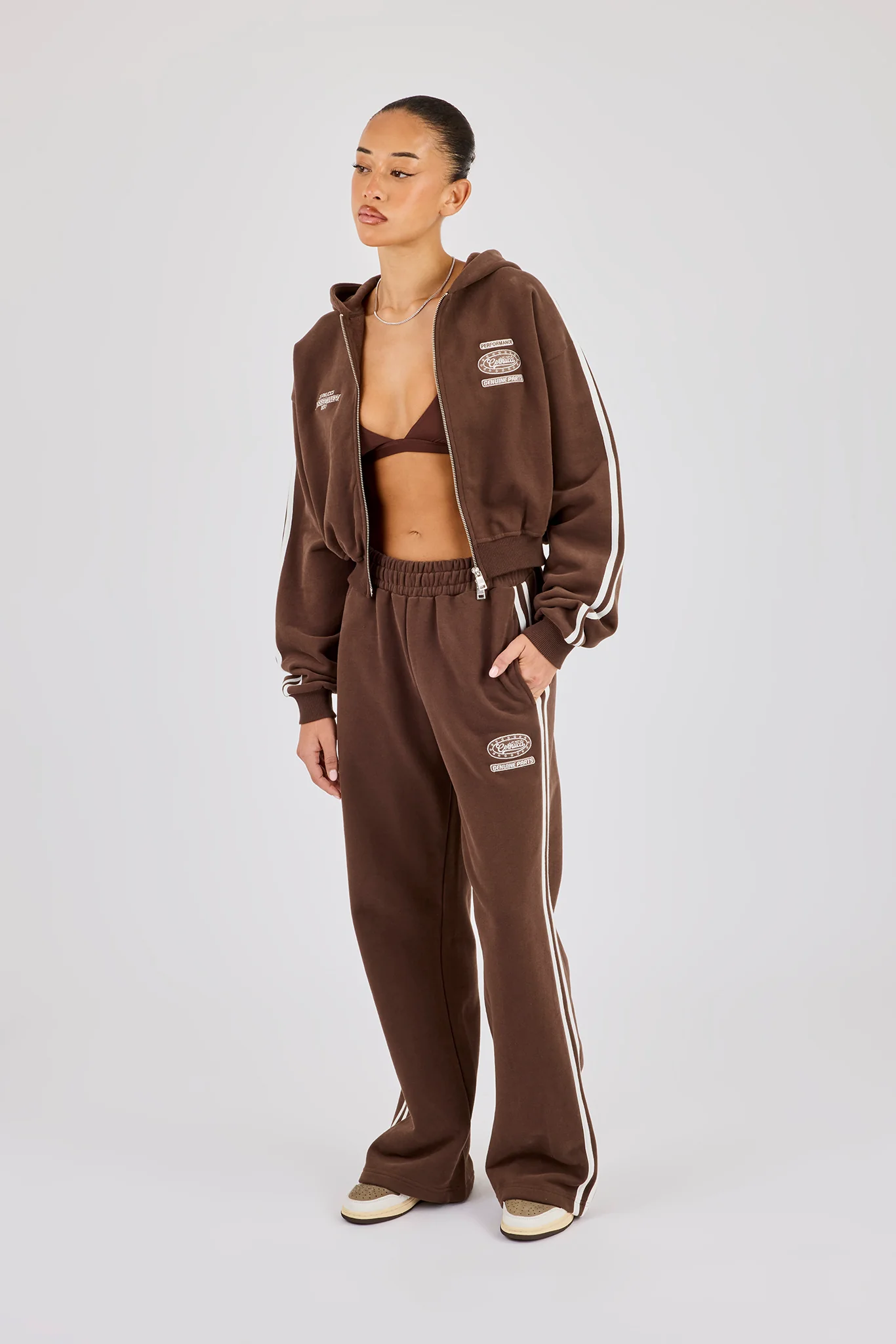 Moto Boxy Zip Through Hoodie & Wide Leg Jogger - Washed Chocolate - Image 2