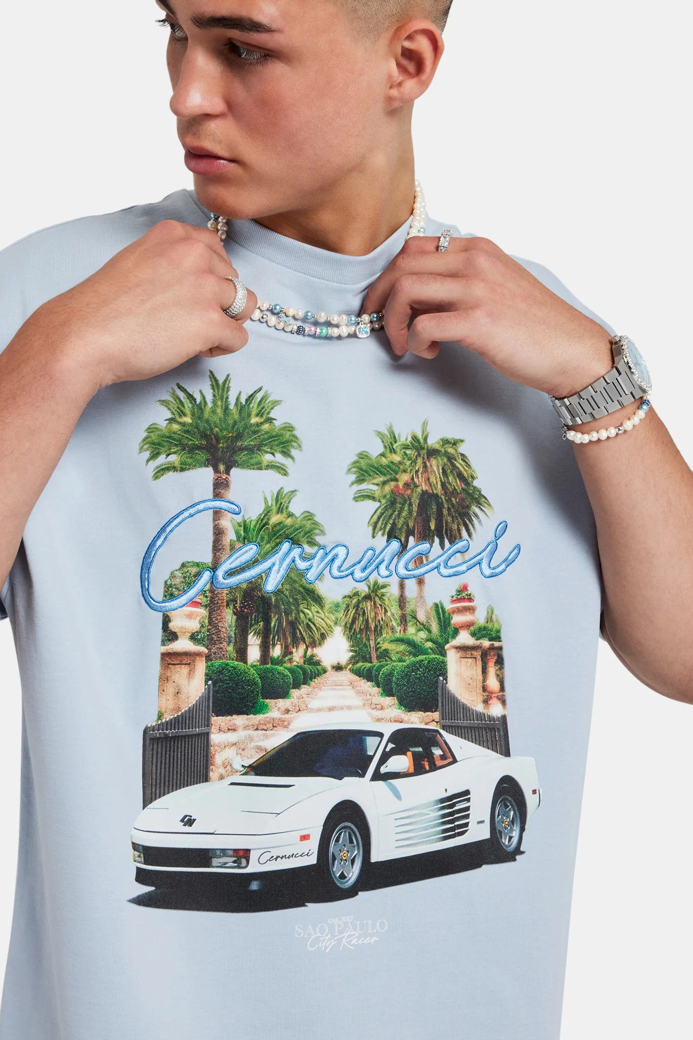 Moto Palm Oversized T-Shirt - Light Blue - Image 3