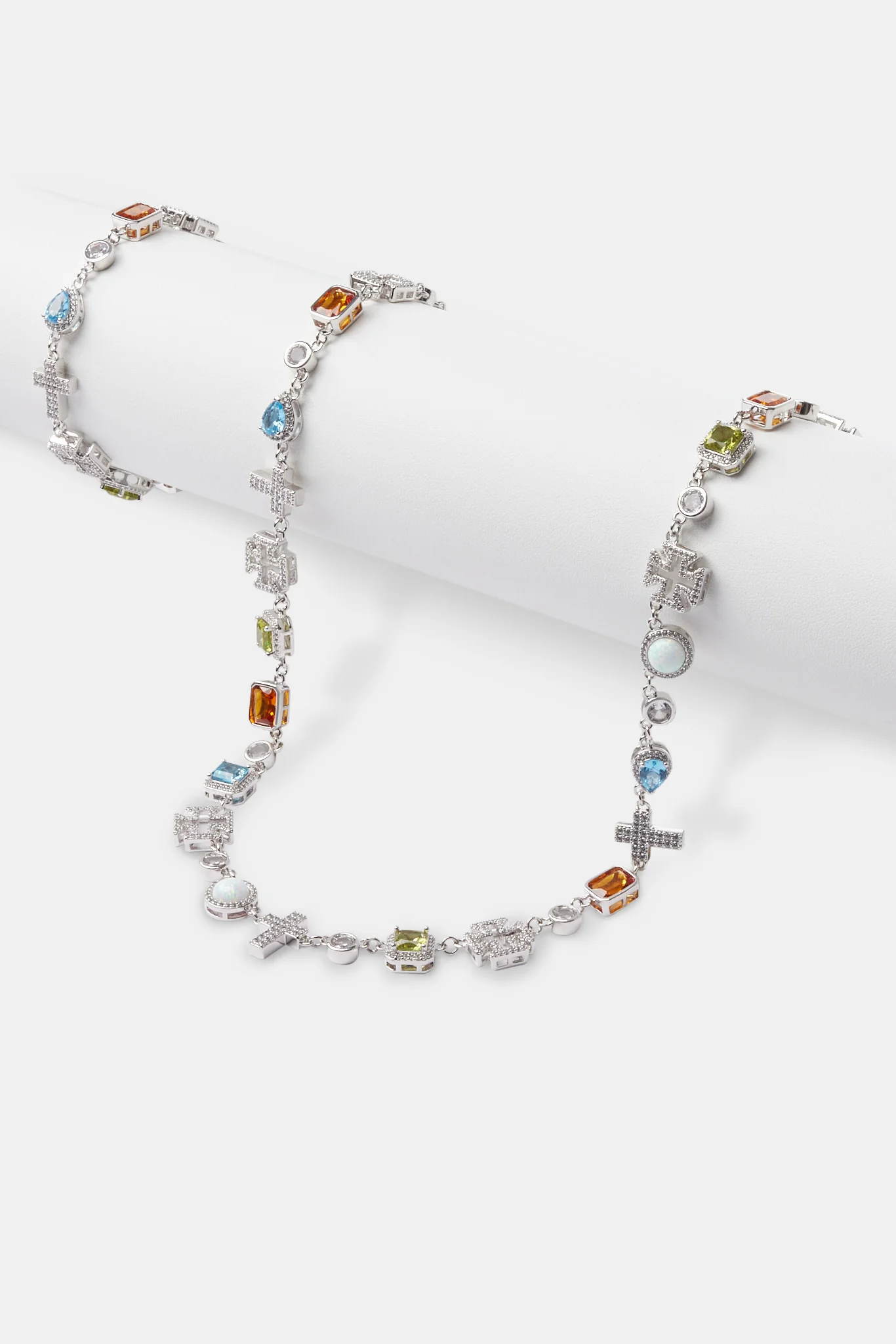 Multi Gemstone & Cross Chain + Bracelet - White - 10mm