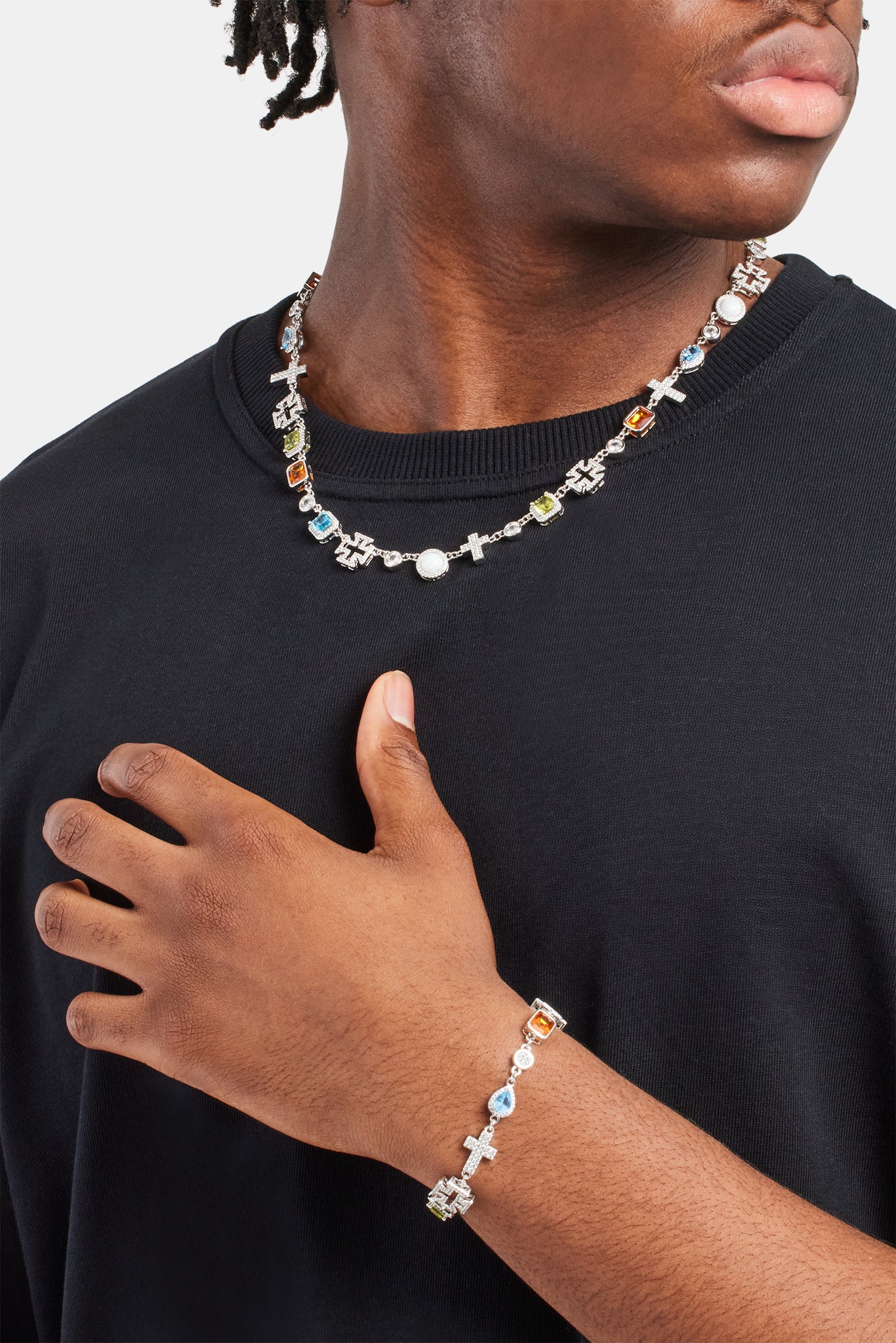 Multi Gemstone & Cross Chain + Bracelet - White - 10mm - Image 2