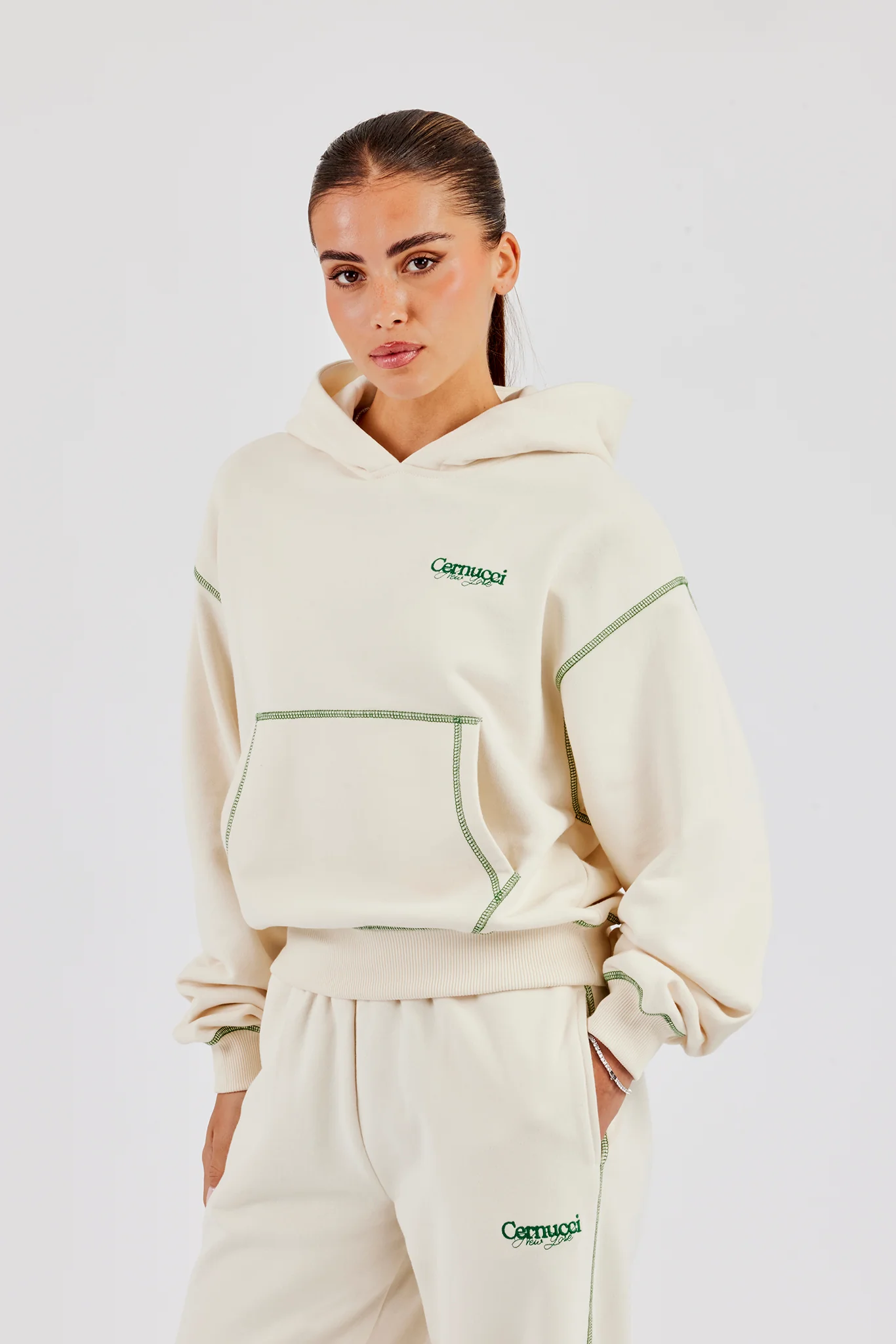 New York Contrast Stitch Boxy Hoodie - Off White - Image 2