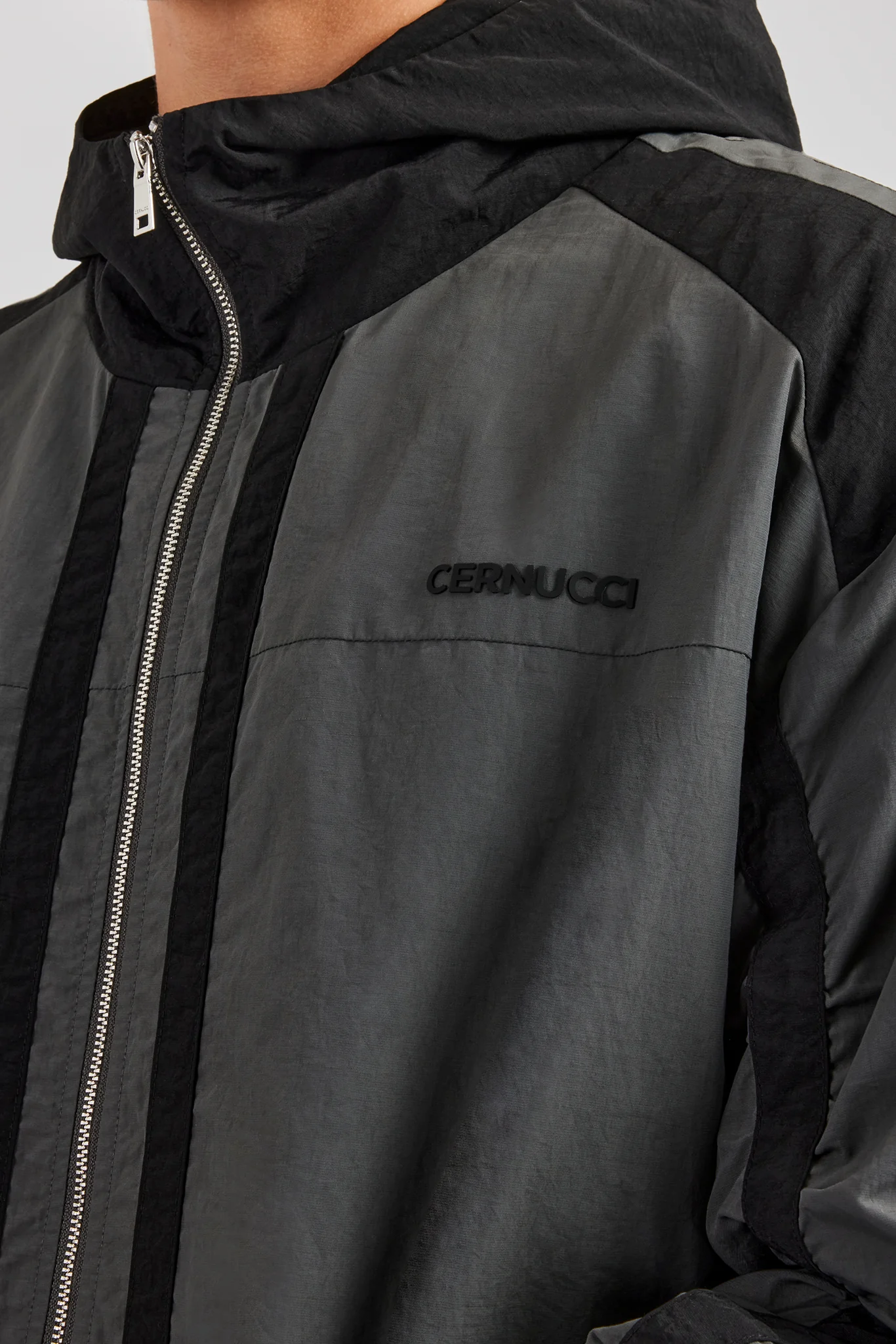 Nylon Colour Block Zip Through Jacket - Charcoal - Image 2