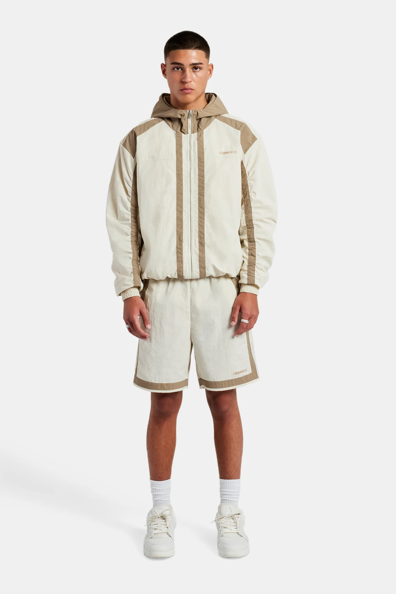 Nylon Colour Block Zip Through & Short Set - Off White - Image 4