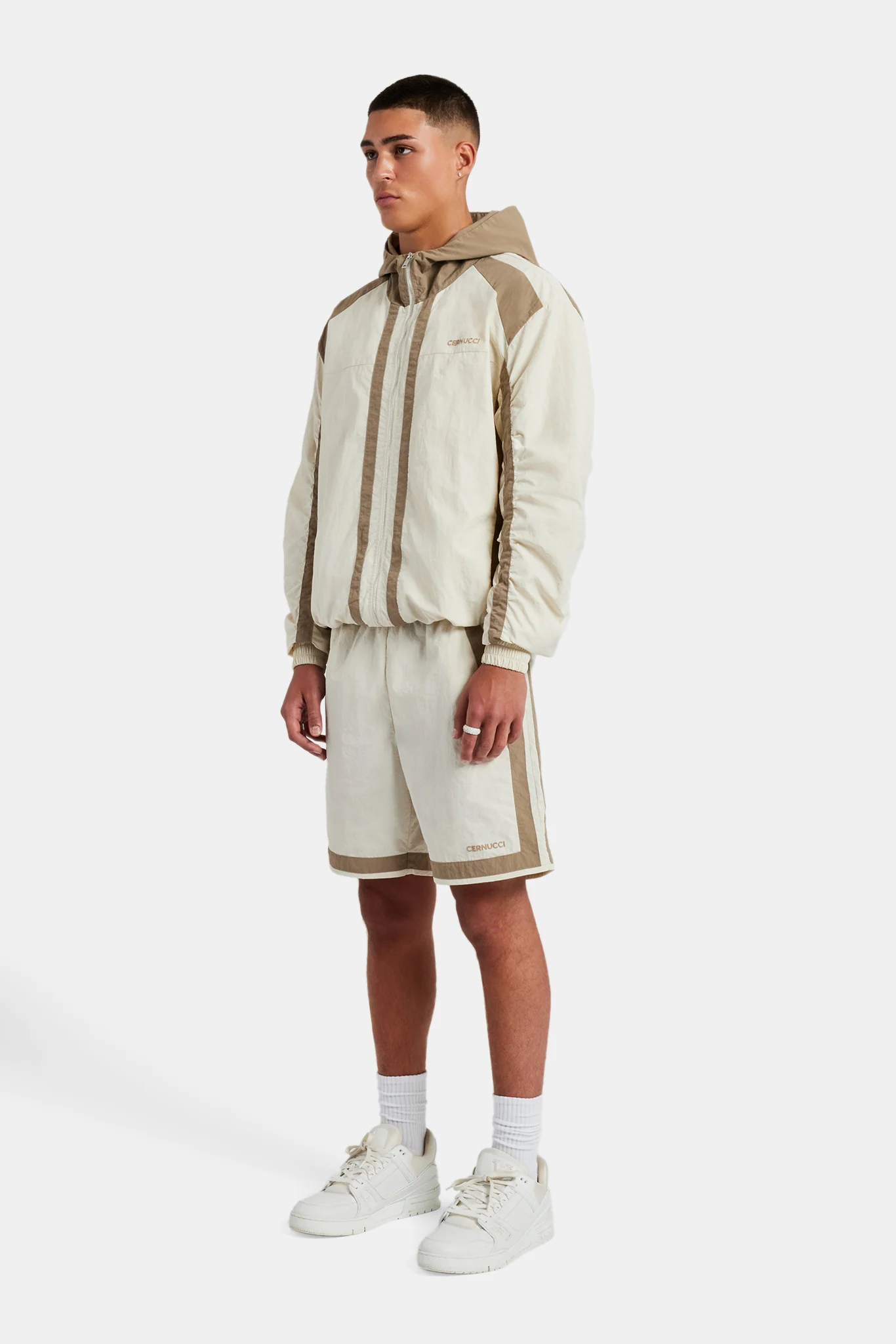 Nylon Colour Block Zip Through & Short Set - Off White - Image 5