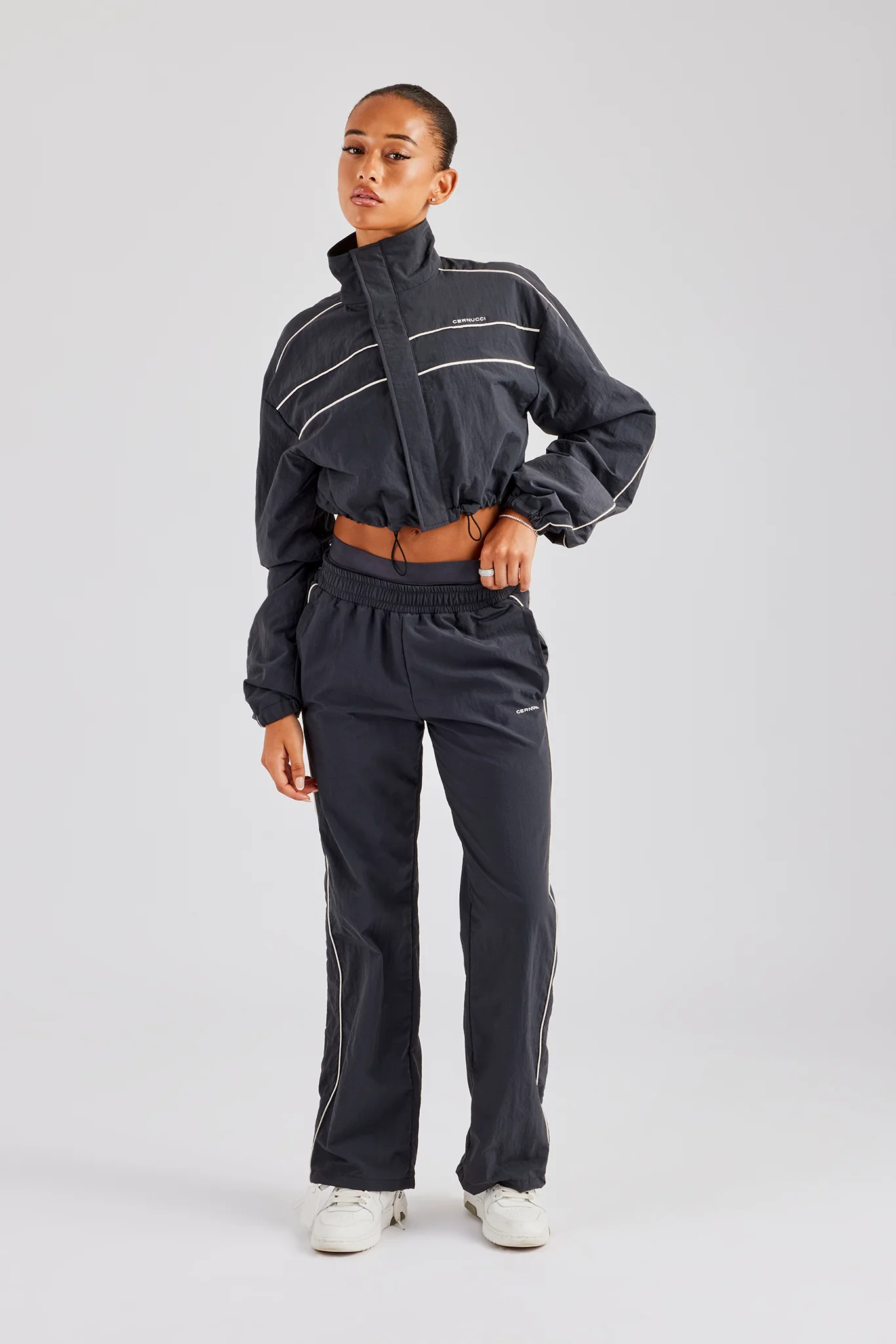 Nylon Double Waistband Straight Leg Trouser - Charcoal - Image 3