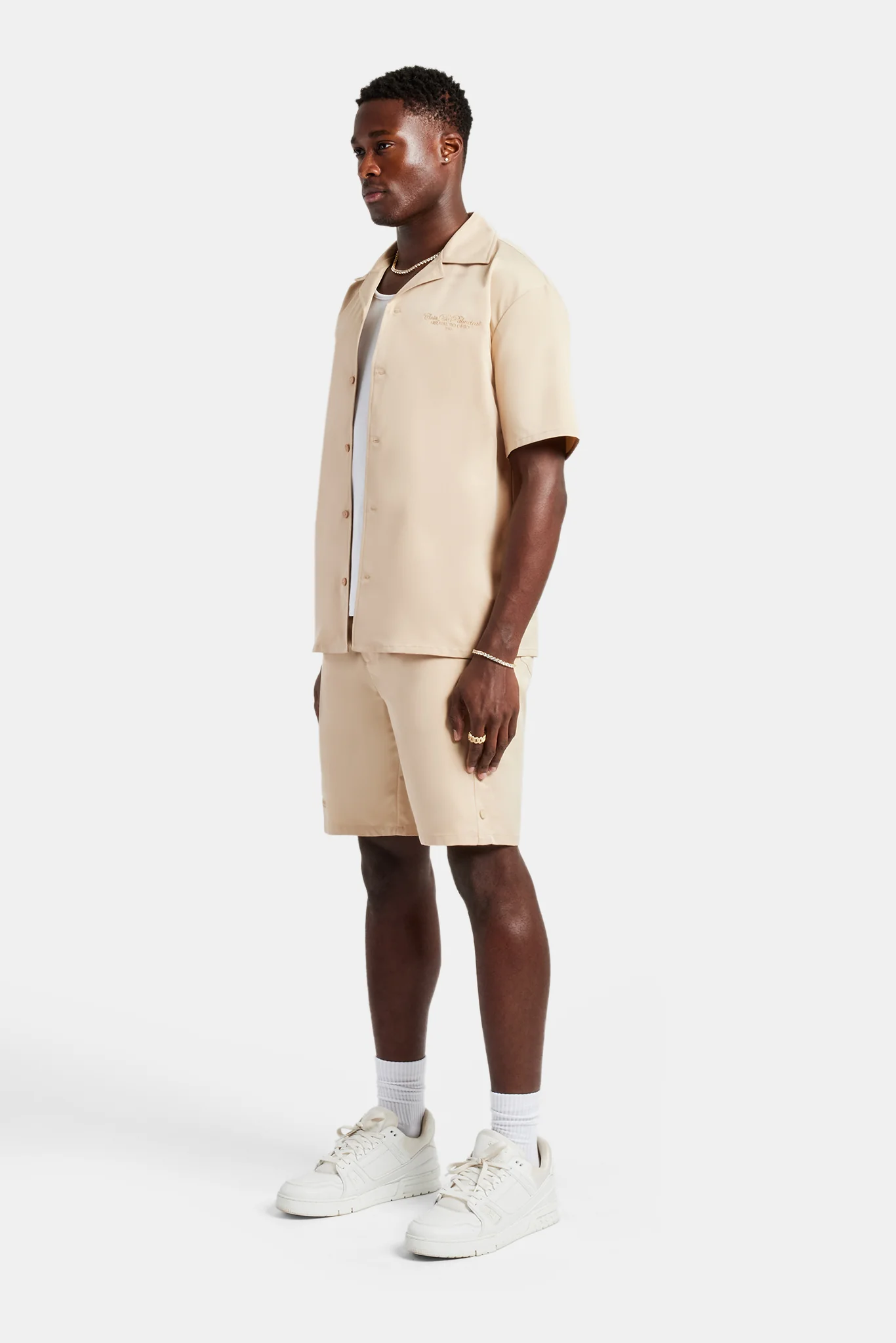 Nylon Embroidered Shirt & Short Set - Sand - Image 4