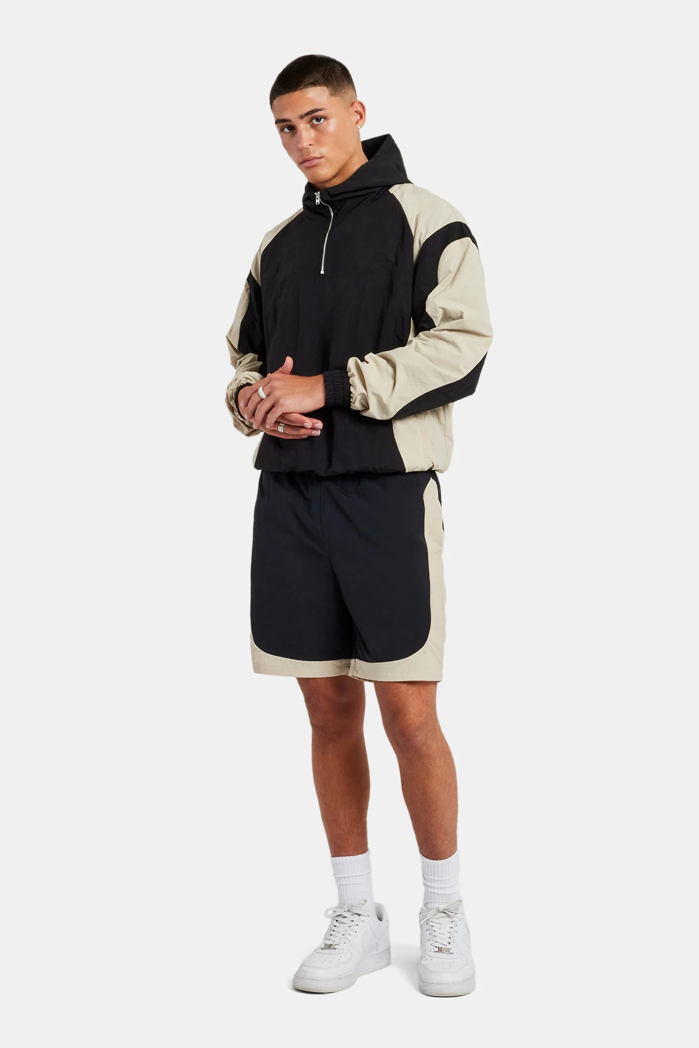 Nylon Hooded Track Jacket & Short Set - Black - Image 2